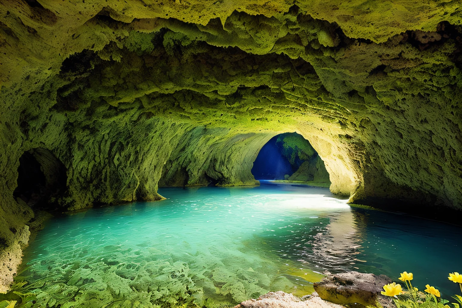 grotte, eau, fleurs, Star sky, la plus oeuvre du monde, plantes grimpantes