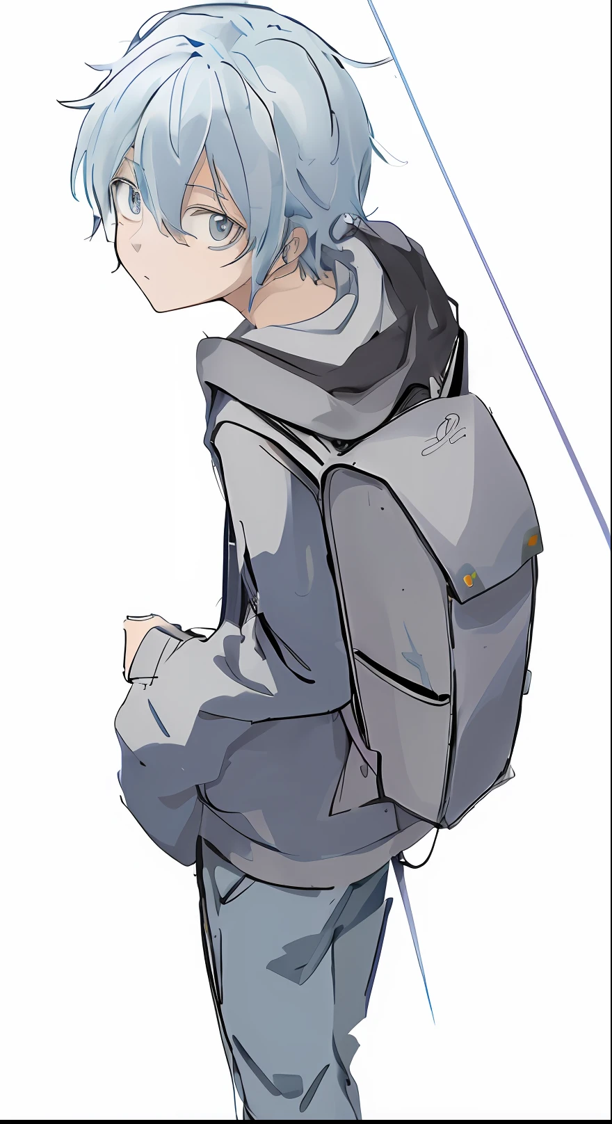 Drawing of a person with a backpack and a backpack, 2 d anime style, Flat anime style shading, paint tool sai!! Blue, cel shaded anime, kaworu nagisa, 2D Styles, subtle anime style, cel - shaded art style, colored sketch anime manga panel, in a hoodie, 2 D Anime, vector shaded anime, cellshading!!!