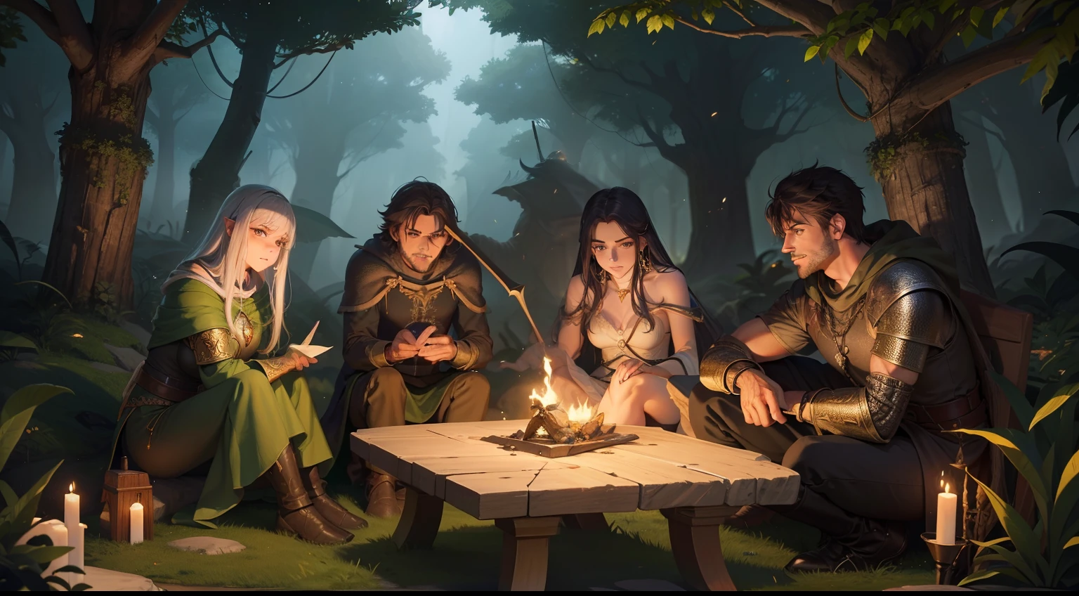 Crie uma imagem de um guerreiro corajoso do universo Dungeons and Dragons relaxando ao lado de uma fogueira acolhedora, In the heart of a dense forest.