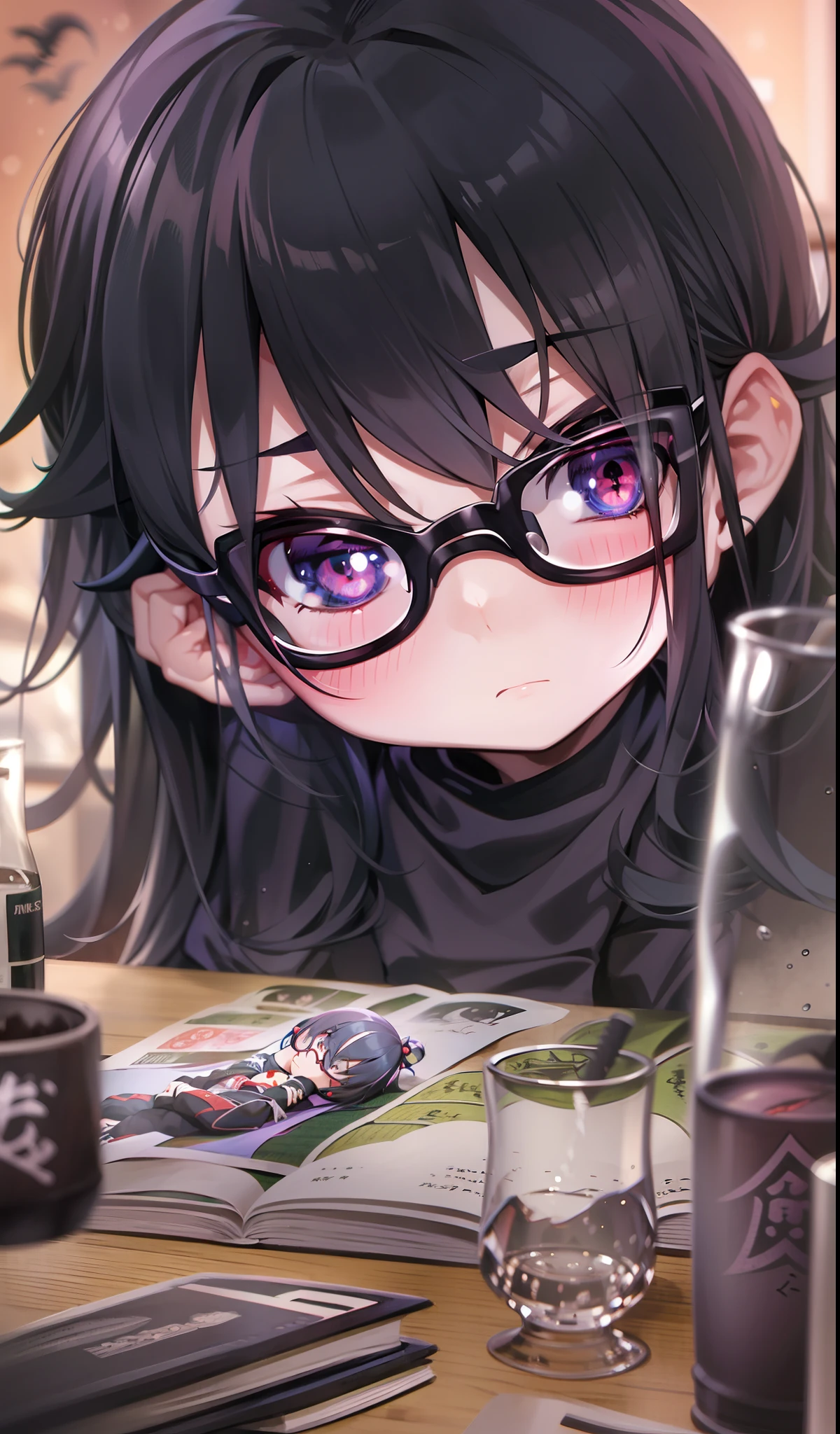 Anime girl with black hair and glasses sitting at a table, Gapmoe Yandere Grimdark, Chibi, 2 d estilo anime, inspired by Kawabata Ryūshi, goth ninja, anime estilizado, tired and haunted expression, muito triste, tired haunted expression, ele usa um tapa-olho, tapa-olho.