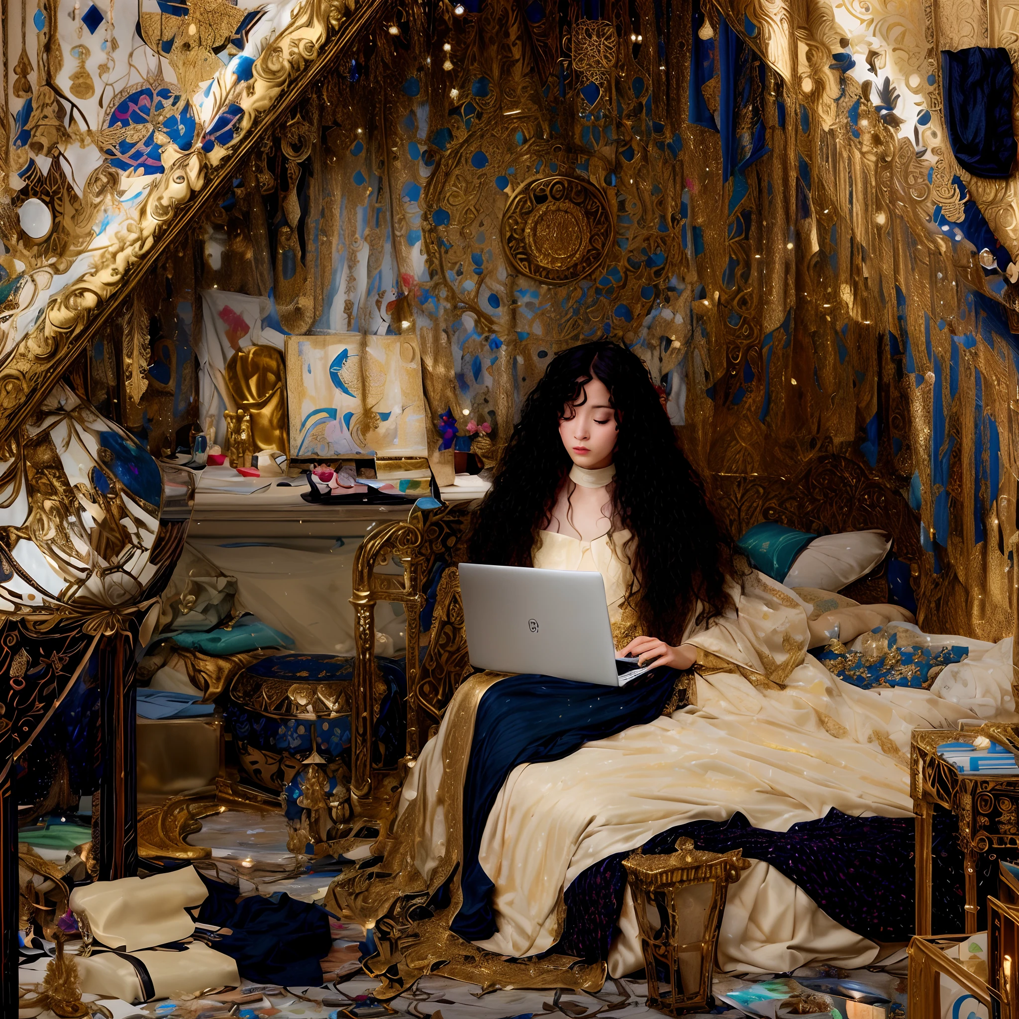 painting of a woman sitting on a bed with a laptop, in an attic, surrounded by glittering gold, ornamental sam guay, in her room, inspired by Mikhail Nesterov, ( asaf hanuka ), in small room, gustav klimt style, botticelli and victo ngai, inspired by Hovsep Pushman, denis sarazhin, in my bedroom