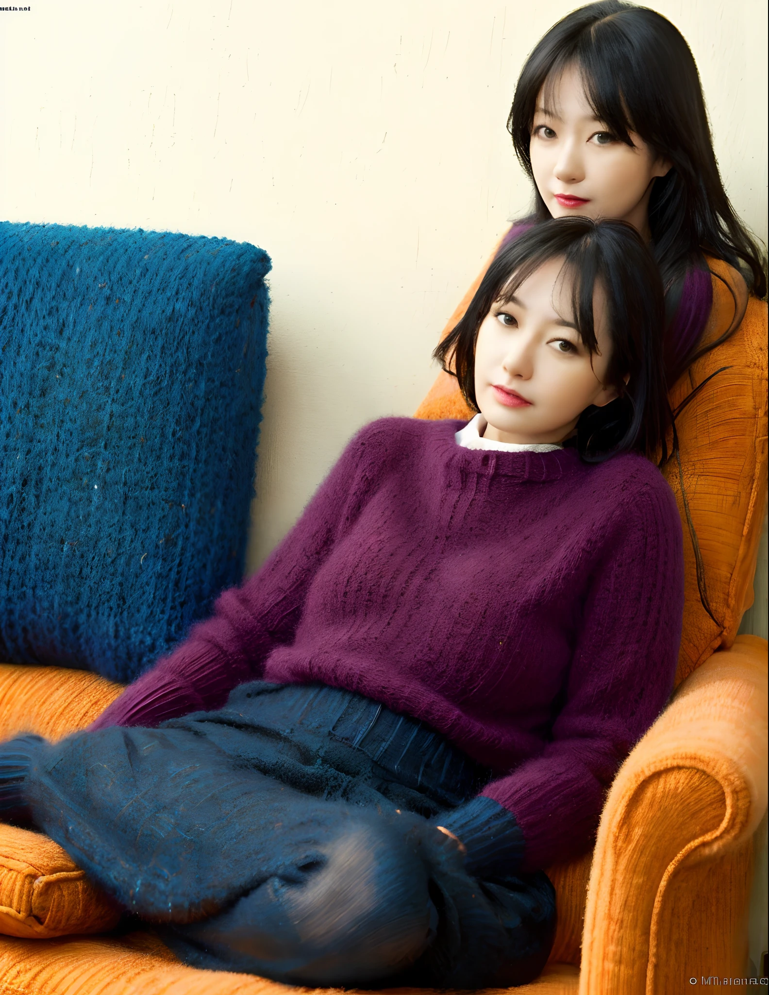 Mature, milf, black hair, wearing sweater, sofa