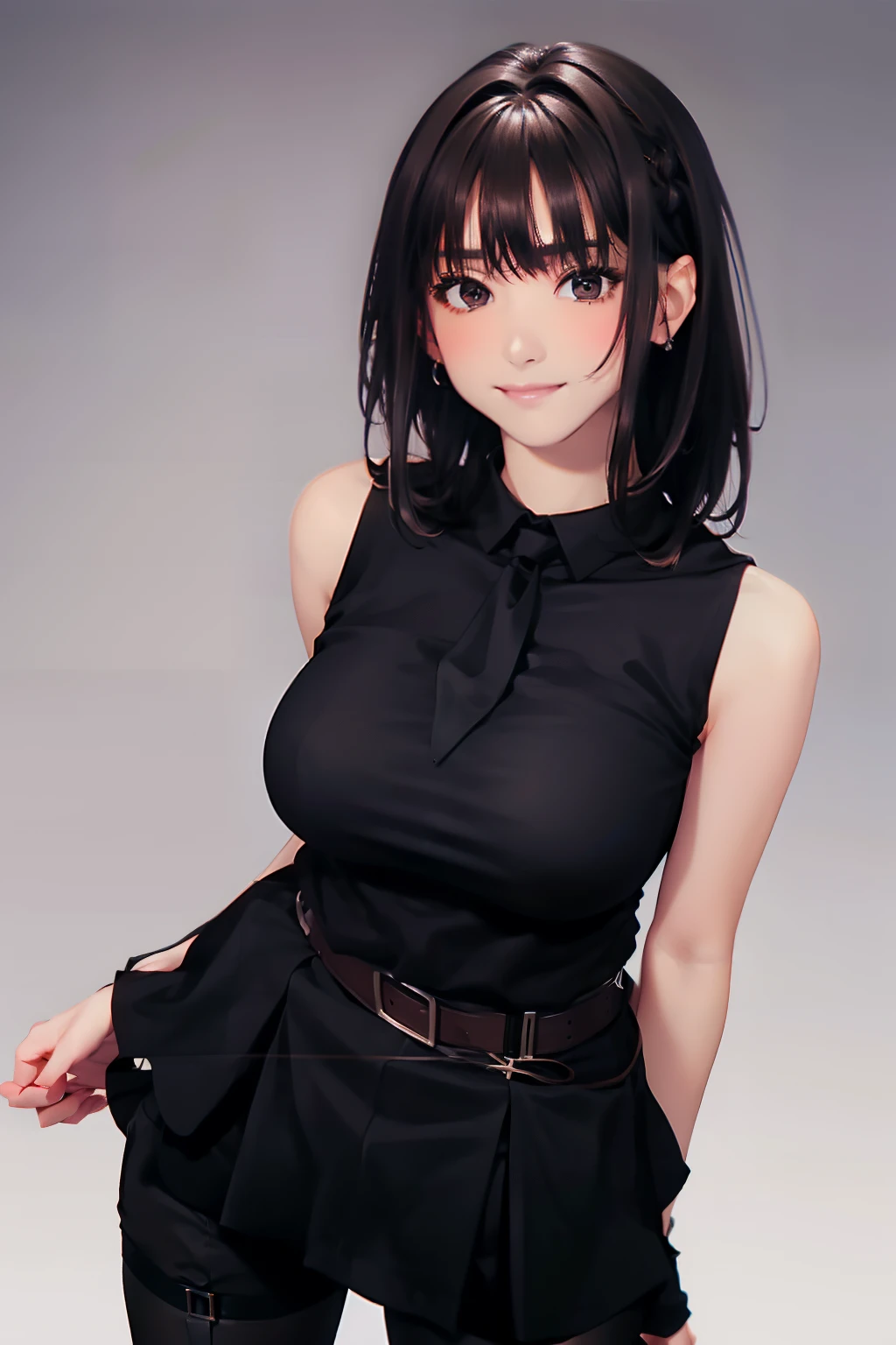 a black skirt　neck tie　Black tank top　　　　　　　Brown hair　long　Gray eyes　　holster　　Garter belt on the legs 　　　　large full breasts　　hands above your head　Colossal tits　Pichi Pichi clothes　both sides