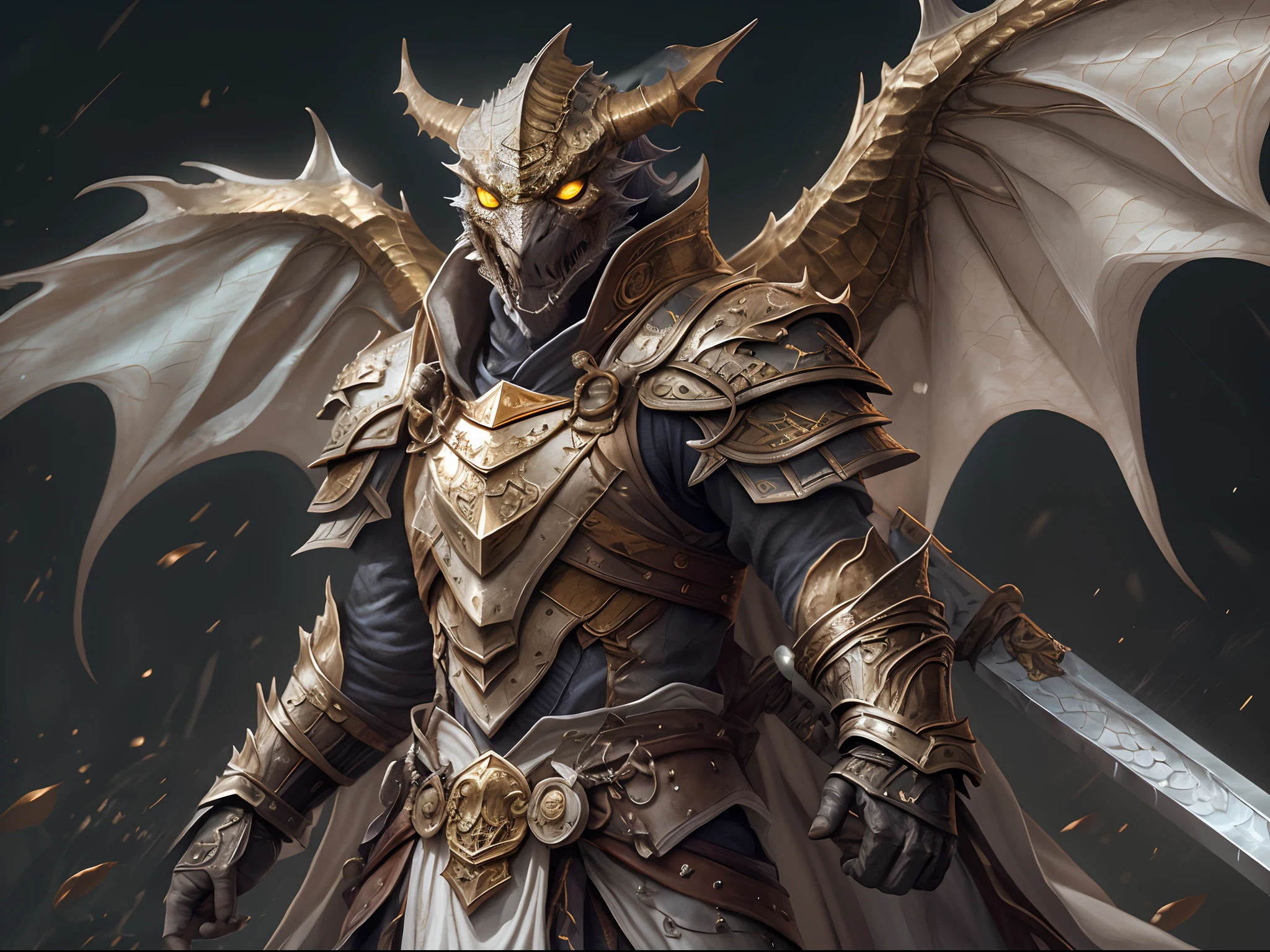 arafed high details, best quality, 8k, [ultra detailed], masterpiece, best quality, (extremely detailed), dynamic angle, ultra wide shot, photorealistic, RAW, fantasy art, dnd art, fantasy art, realistic art, a wide angle picture of a dragonborn paladin ready for battle, full body (intense details, Masterpiece, best quality: 1.5), D&D dragonborn, gold scales dragonborn, dynamic eyes color, reptilian eyes, ultra detailed face,  visible face (intense details, Masterpiece, best quality: 1.5), spread dragon wings (intense details, Masterpiece, best quality: 1.5),wearing heavy armor, white armor, wearing cloak, long cloak, flowing cloak, dynamic colors, armed with sword (intense details, Masterpiece, best quality: 1.5), holy avenger sword, sword have yellow magical aura (intense details, Masterpiece, best quality: 1.5), holding a shield  (intense details, Masterpiece, best quality: 1.5), dark temple, evil temple  background (intense details, Masterpiece, best quality: 1.5), sense of action