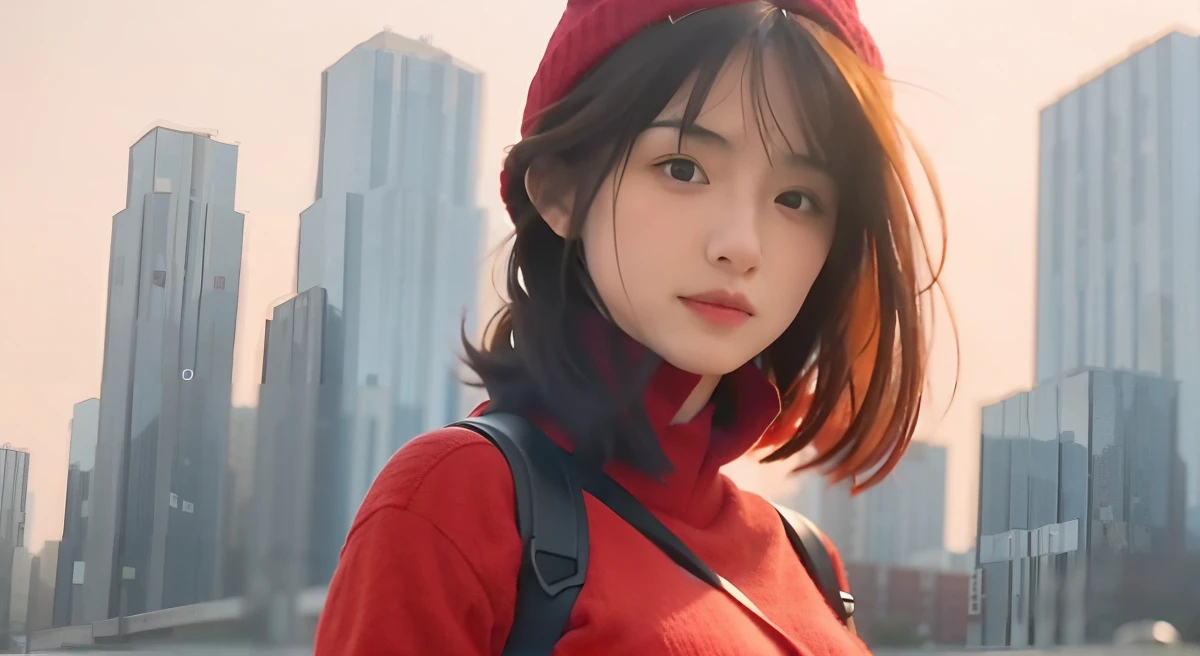 There was a woman wearing a red hat and a red sweater, Realistic anime 3 D style, anime styled 3d, Artgerm and Atey Ghailan, Anime style. 8K, realistic art style, Guviz-style artwork, Art germ ; 3d unreal engine, 8K Artgerm bokeh, Realistic art style clear background，Heavy machine gun in mechanical style