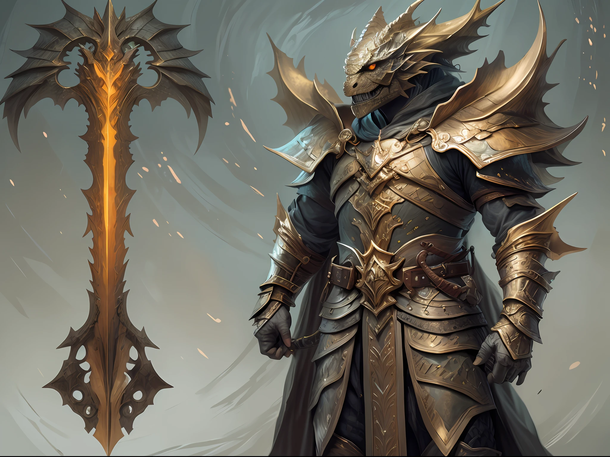 arafed high details, best quality, 8k, [ultra detailed], masterpiece, best quality, (extremely detailed), dynamic angle, ultra wide shot, photorealistic, RAW, fantasy art, dnd art, fantasy art, realistic art, a wide angle picture of a dragonborn paladin ready for battle, full body (intense details, Masterpiece, best quality: 1.5), D&D dragonborn, gold scales dragonborn, dynamic eyes color, reptilian eyes, ultra detailed face,  visible face (intense details, Masterpiece, best quality: 1.5), spread dragon wings (intense details, Masterpiece, best quality: 1.5),wearing heavy armor, white armor, wearing cloak, long cloak, flowing cloak, dynamic colors, armed with sword (intense details, Masterpiece, best quality: 1.5), holy avenger sword, sword have yellow magical aura (intense details, Masterpiece, best quality: 1.5), holding a shield  (intense details, Masterpiece, best quality: 1.5), dark temple, evil temple  background (intense details, Masterpiece, best quality: 1.5), sense of action