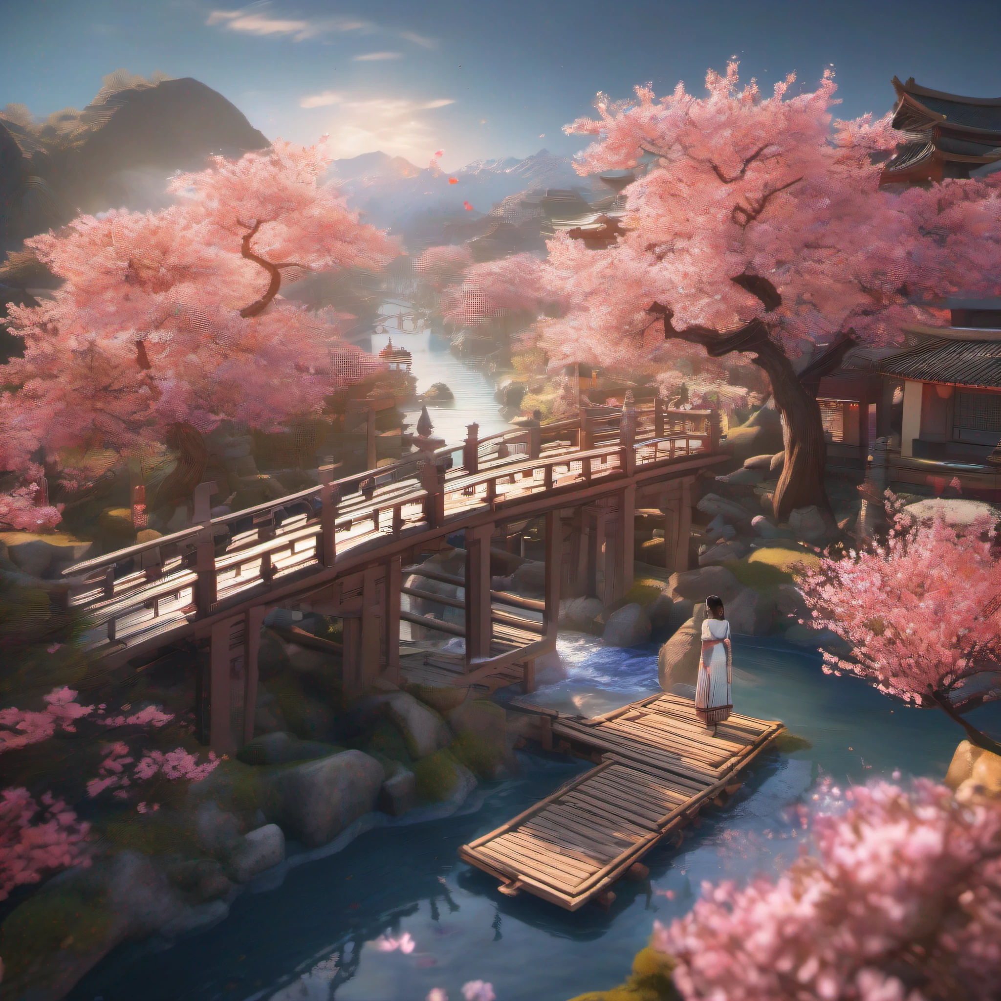 (Master masterpieces，best qualtiy，best detail，HUD，8k：1.5)，（Isometric：1.5），（The art of paper：1.3），1 girl，Oriental elements，（Peach blossom tree：1.2），Small bridge，Stream，inverted image，sun light，Cinematic texture，simplebackground