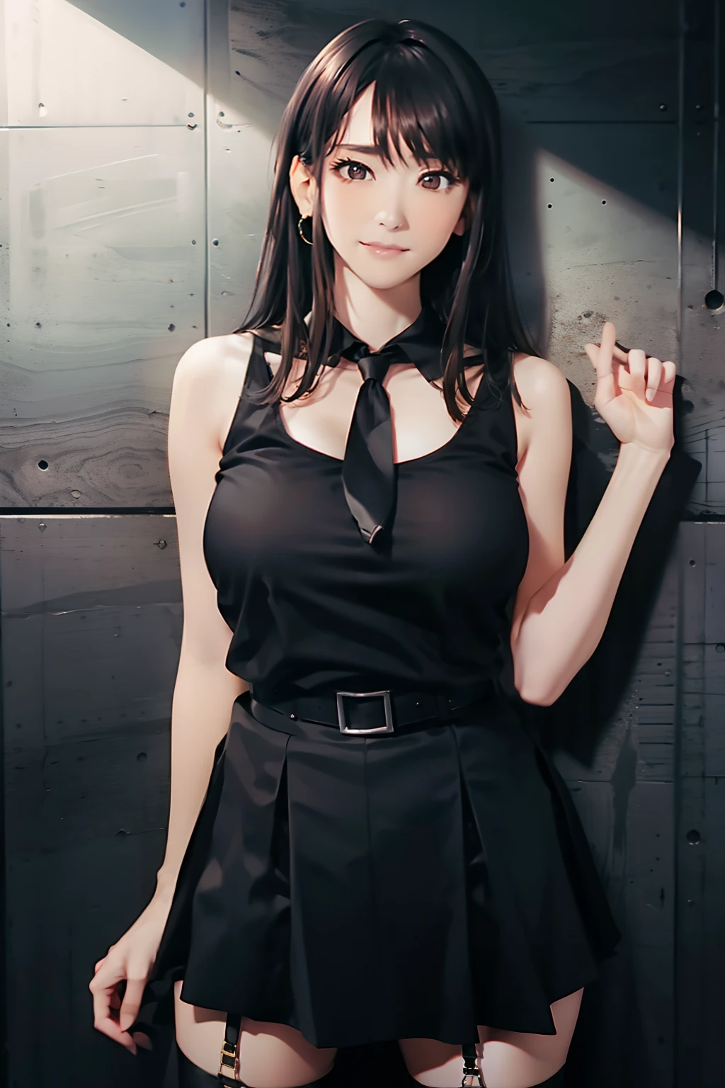 a black skirt　neck tie　Black tank top　　　　　　　Brown hair　long　Gray eyes　　holster　　Garter belt on the legs 　　　　large full breasts　　hands above your head　Colossal tits　Pichi Pichi clothes　both sides
