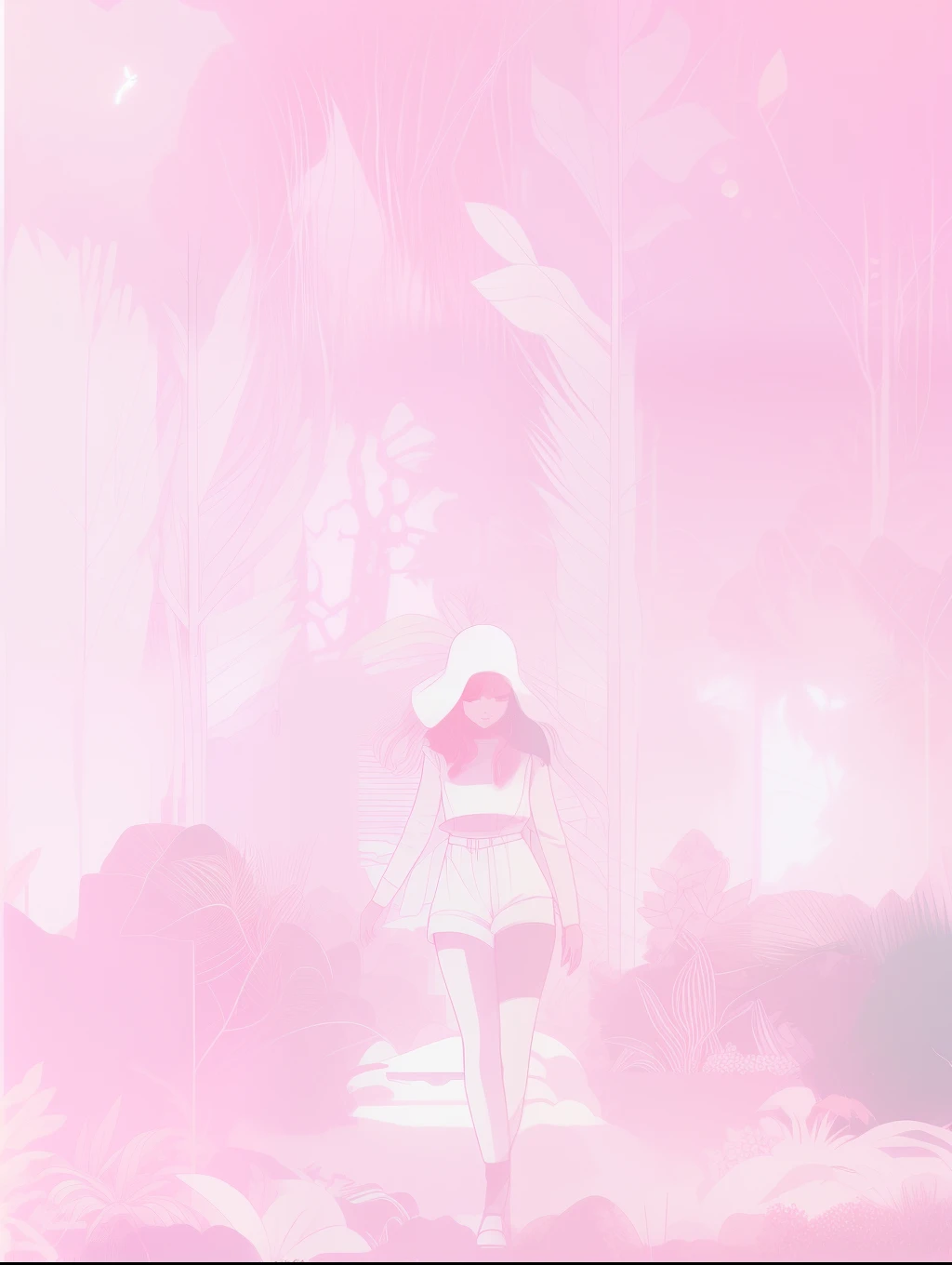 Menina anime andando na selva com um fundo rosa, na floresta cor-de-rosa, selva vaporwave, Floresta Rosa, blurry and dreamy illustration, dreamy illustration, art deco outrun anime aesthestic, blurry and dreamy illustration, Perdidos em uma paisagem de fadas sonhadoras, Jen Bartel, kilian eng cores vibrantes, line art illustration, a beautiful artwork illustration, tom de tela colorido fotorealista