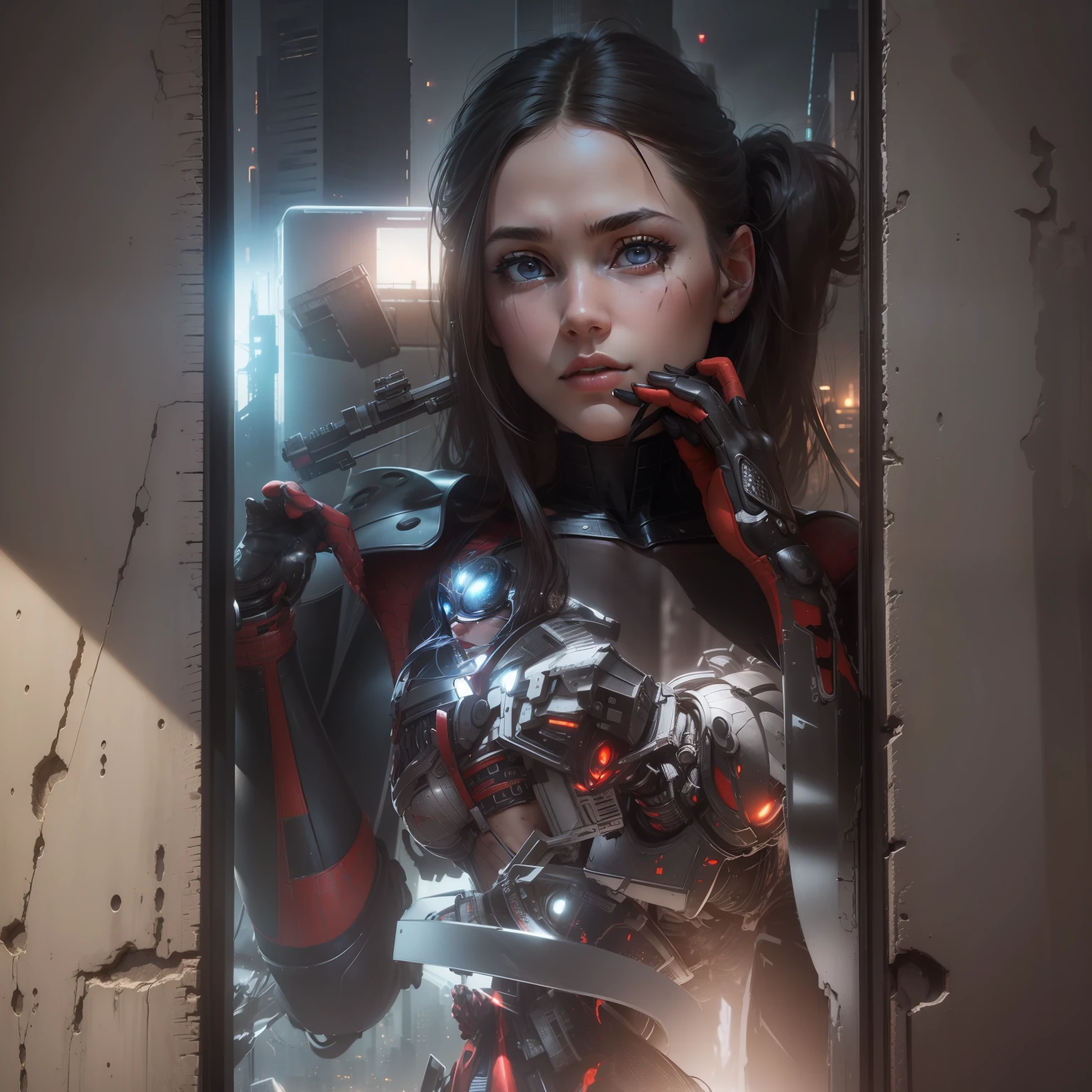 (1girl:1.3), solo, (((extremely detailed face))),(((extremely detailed eyes and face))),beautiful detailed eyes,body-parts__, official art, unified 8k wallpaper, super detailed, beautiful and aesthetic, beautiful, masterpiece, best quality, raw, masterpiece, super fine photo, best quality, super high resolution, photorealistic realism, sunlight, full body portrait, amazing beauty,, dynamic pose, delicate face, vibrant eyes, (from the front), she is wearing a Spider-man suit, red and black color scheme, spider, very detailed abandoned warehouse background, Detailed face, detailed complex busy background, messy, gorgeous, milky white, highly detailed skin, realistic skin details, visible pores, sharp focus, volumetric fog, 8k uhd, DSLR, high quality, film grain, fair skin, photo realism, lomography, huge metropolis in future dystopia, seen from below, translucent