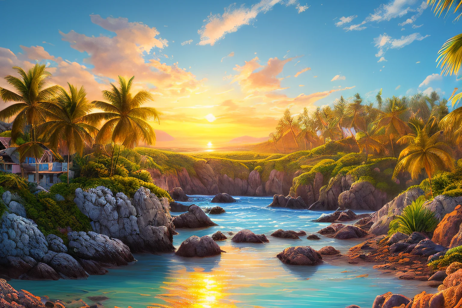 landscape,azure sea, coconut trees, exotic flowers, bright landscape, , rocks,, setting sun, blue sky, water, houses, (extremely detailed CG 8k unit wallpaper), world's most beautiful artwork, professional majestic oil painting, complex, high detail, sharp focus, dramatic, photorealistic painting art,