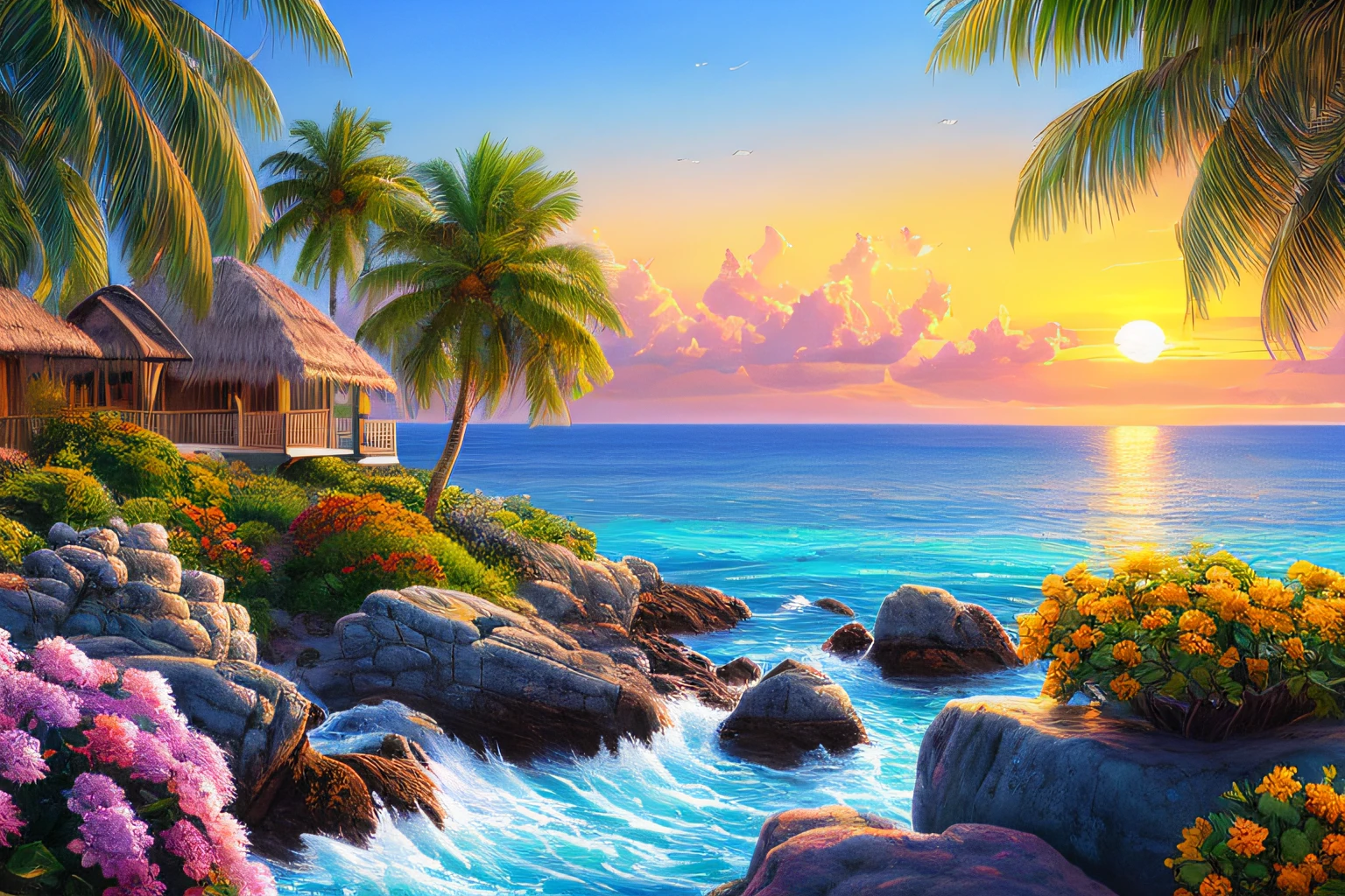 landscape,azure sea, coconut trees, exotic flowers, bright landscape, , rocks,, setting sun, blue sky, water, houses, (extremely detailed CG 8k unit wallpaper), world's most beautiful artwork, professional majestic oil painting, complex, high detail, sharp focus, dramatic, photorealistic painting art,