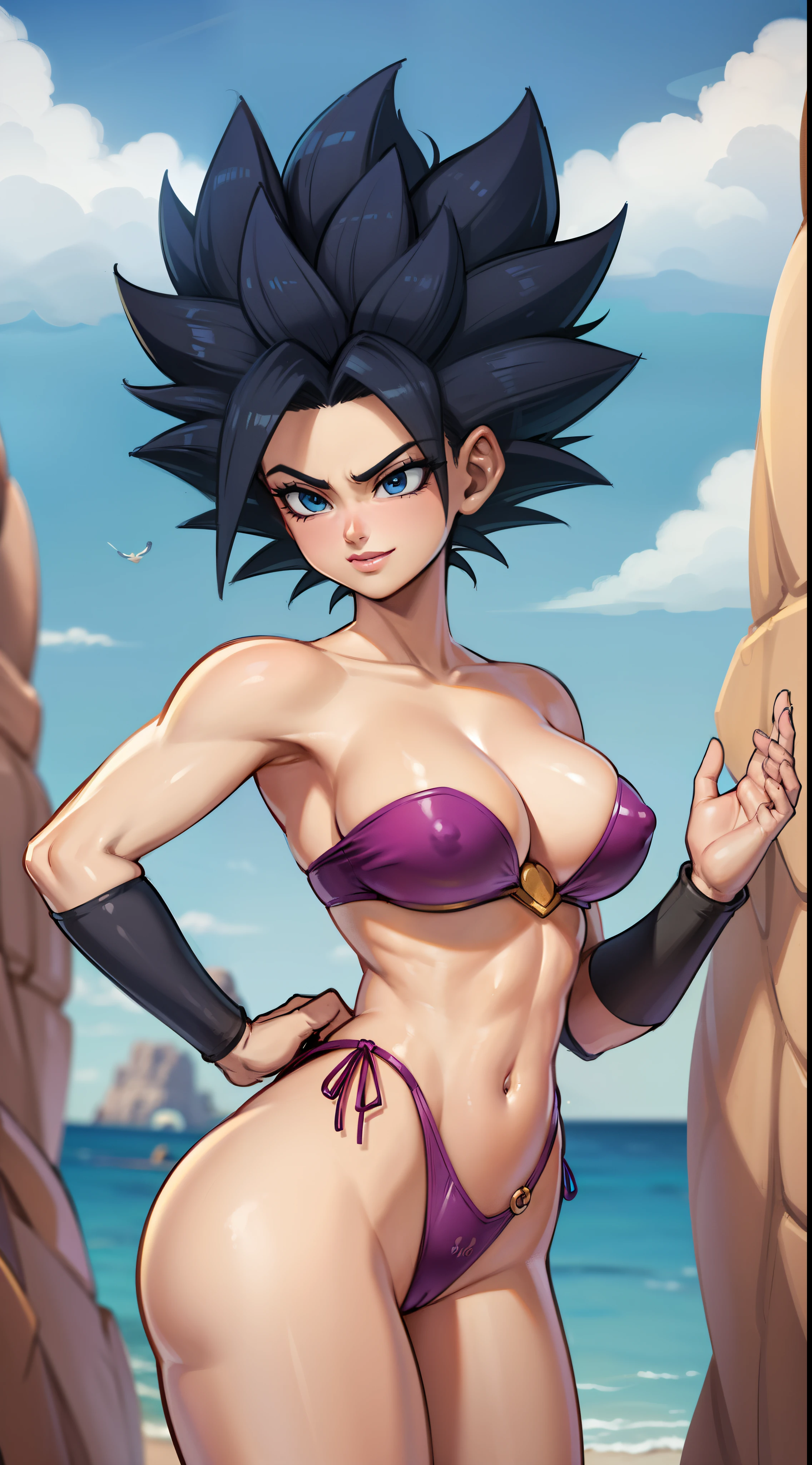 obra prima, melhor qualidade, RTX, Dragon Ball personagem, Retrato de uma mulher bonita,1mulher,solo, Caulifla Dragon ball Super,cabelo preto,cabelo grande e espetado,wearing a purple gradient swimsuit, Curvas Thincc,corpo atletico, tanquinho, sorrindo, olhando para o telespectador,middlebreasts, cintura fina, quadris largos, coxas grossas, bunda grande, pose sensual,dinamic pose, perfect hands, rosto bonito,5dedos, anatomia perfeita, boa anatomia, good composition, paisagens de montanhas com fontes termais, open sky,standingn, high angle