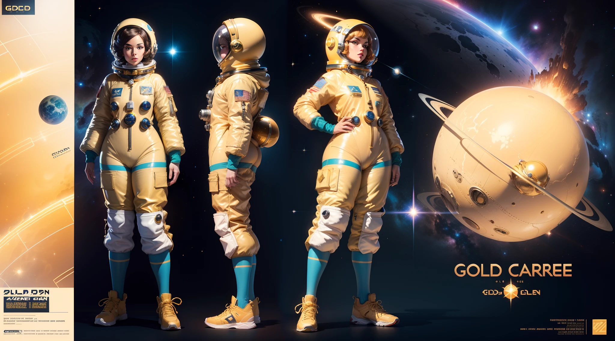 woman space cadet, ((golden detailed retro art deco space suit)), oversize, (character design sheet), sneakers, different poses, different angles