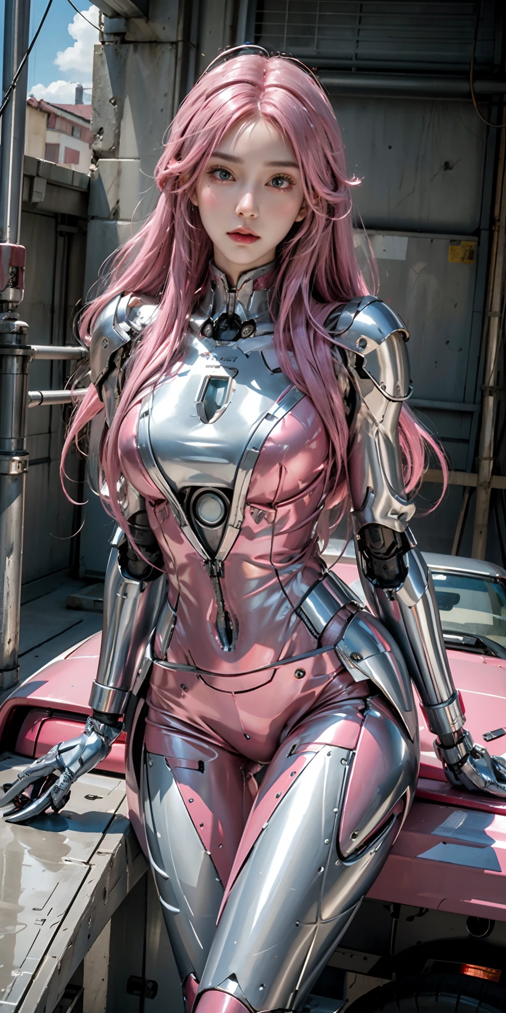 photorealistic, high resolution, soft light,1women, solo, hips up, (detailed face), pink hair, long hair, mecha musume, blue mechanical parts, robot joints, red mechanical bodysuit, cyborg, full metal body, garage