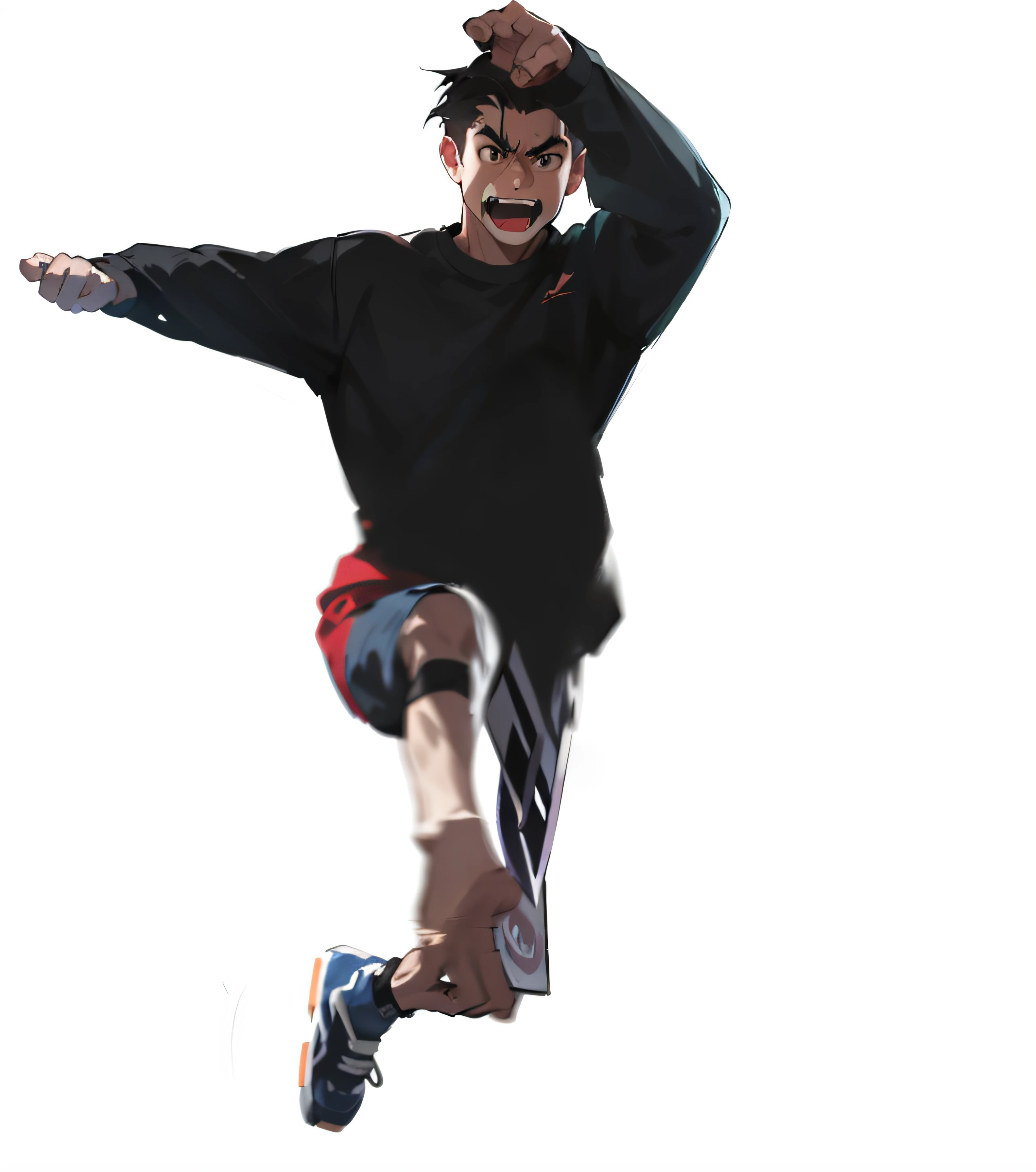 Allard man in black shirt doing tricks on a skateboard, jumping posture, jumping towards viewer, leaping towards viewer, full body action pose, Dynamic Action Pose, Origin jumper, dynamic moving pose, heroic jumping pose, Kick flip, Kick it, Kick flip, mid air shot, jc park, jumping leaping heroic attack, Leaping