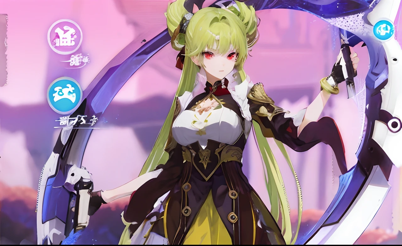 fanciful，epic，Illustration in movie poster style，A girl with long red hair and red eyes，Wielding a ring-bladed weapon，With dynamic and magical backgrounds，With prominent and well-designed typographic elements，standing on your feet，Wielding a ring blade，Magical forest