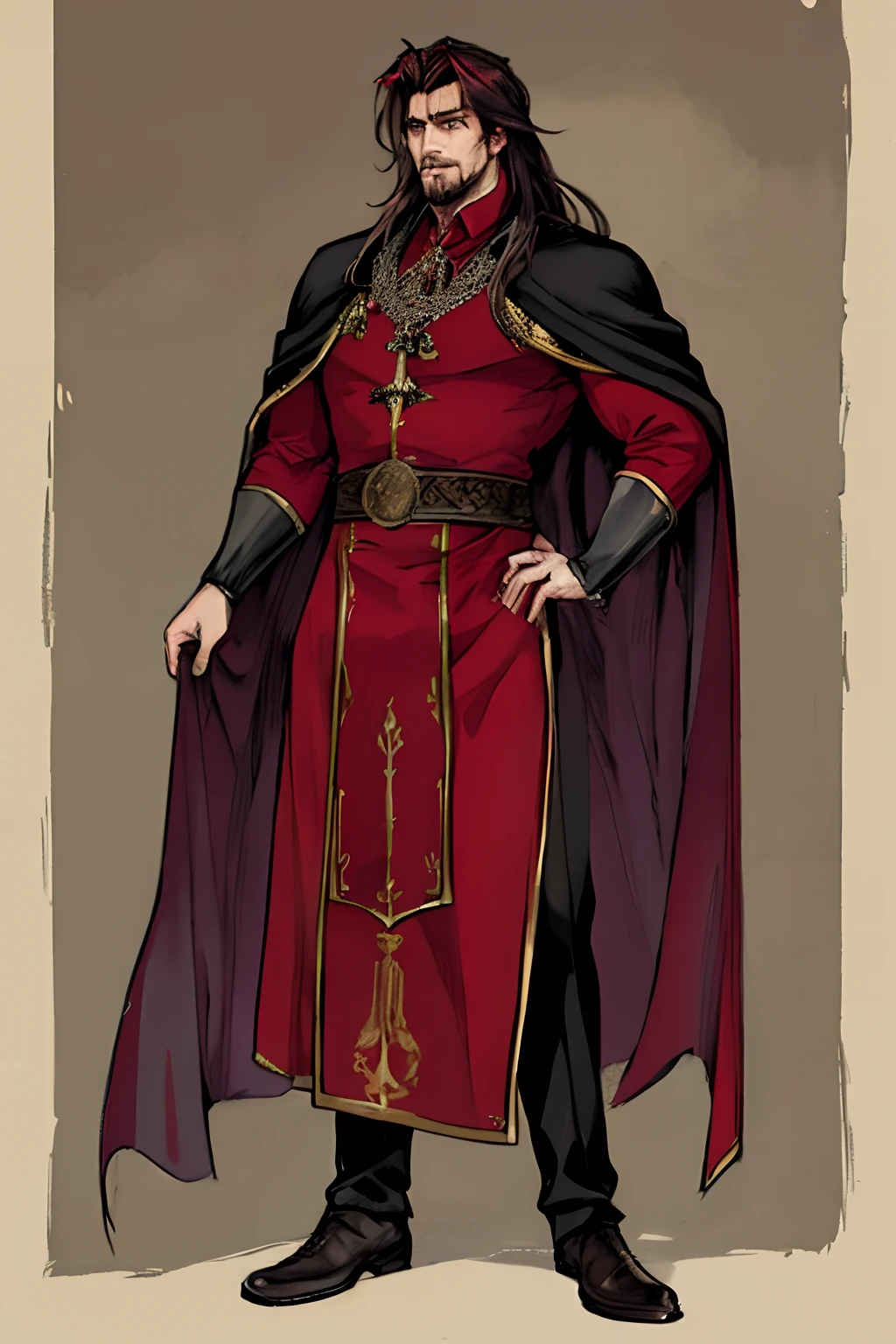 1male, middle-aged, handsome, strong jaw, red goatee, long hair, realistic style, black cape, royal attire, crimson clothes, medieval, full body, confident