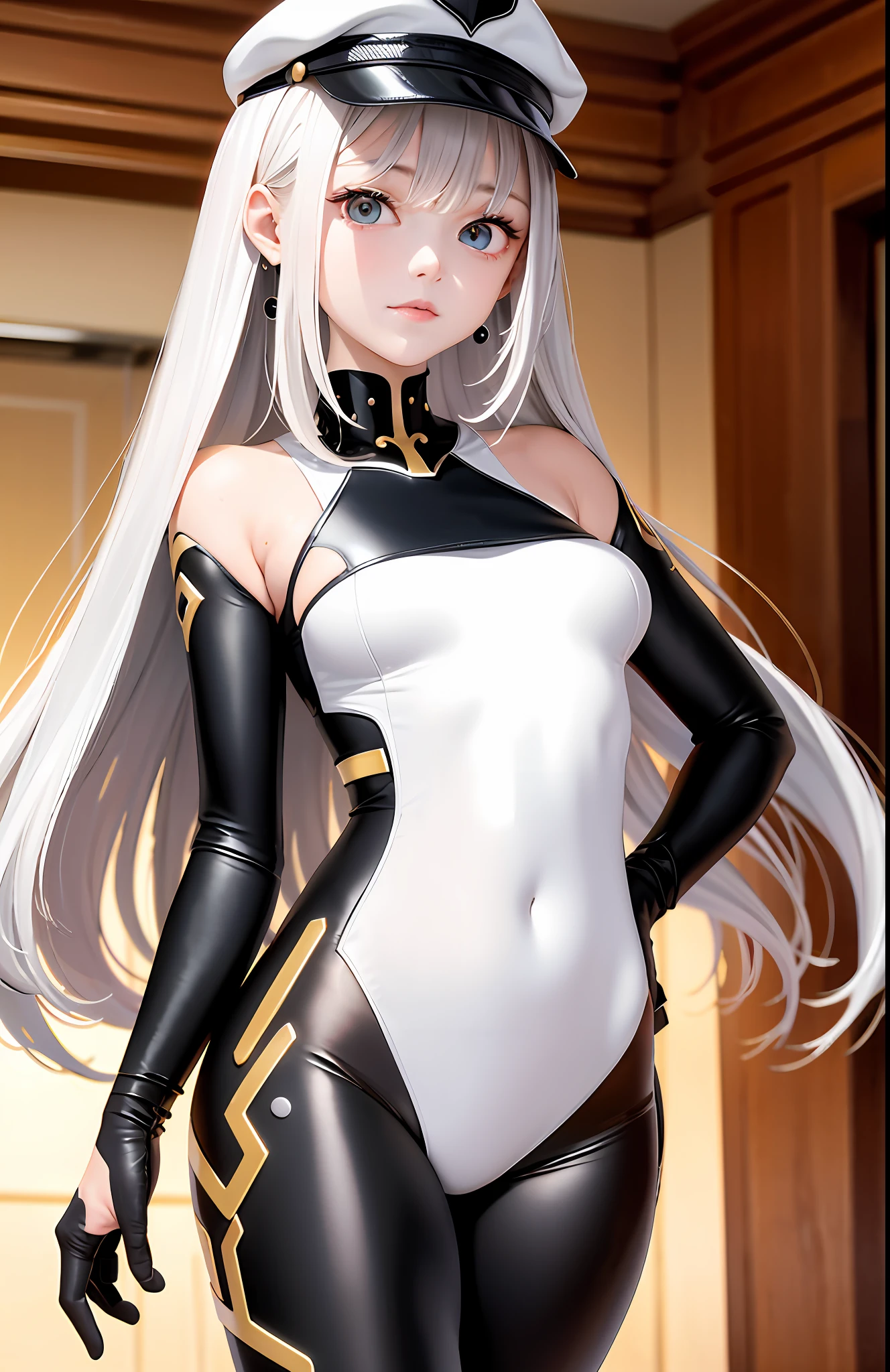 optimum，tmasterpiece，A high resolution，best qualtiy，hyper HD，super detailing，Award-Awarded，16k，独奏，（The upper part of the body），anatomy correct，beuaty girl，Ex Machina，cute  face，high light，Gradient Beige Hair，Hairline，（（Scarlet eyes）），long eyelasher，Hanging eye corners，White skin of the，（small boobs），（Slim body），（（）），（（bikesuit）），（Finger caps），（Black and white yin and yang stockings），ear studs，（neck rings），（Laser material clothing：1.2）
