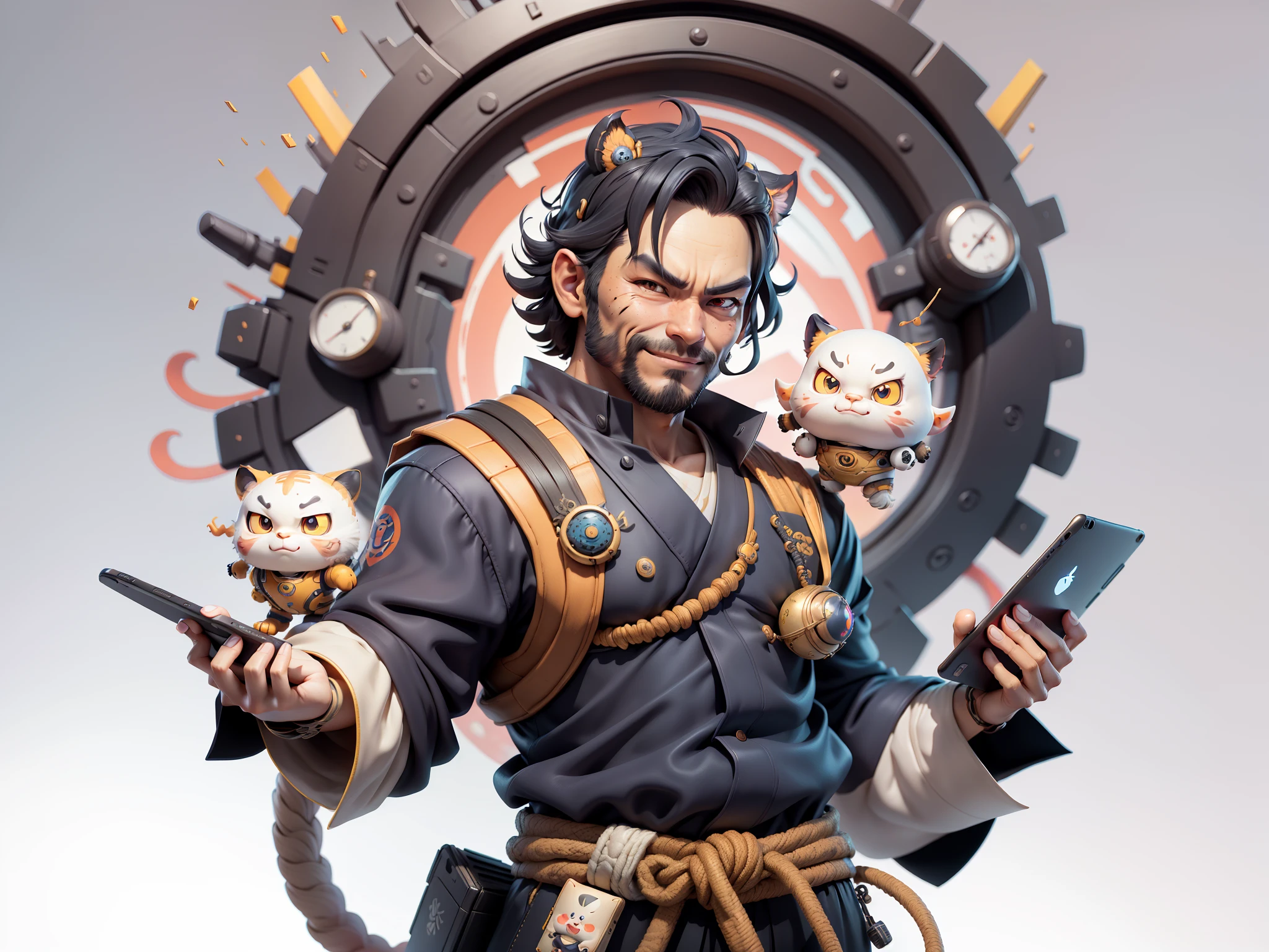 (Daisaku),(Need),(Super meticulous),(full bodyesbian:1.2),Super young man with Japanese geisha,Beautiful,orient,one tiger,Aeolian Thor,Raised sexy,爆乳,Oriental face,TV Anchor,Bust portrait illustration,In black suit,a blue tie,The face is slightly chubby,The face was clean,without a beard,Black super short hair,Black eyes,Smile confidently,3C computer sub-products,iPad, iphone,Digital painting,3D character design by Mark Clairen and Pixar and Hayao Miyazaki and Akira Toriyama,The illustration is a high-definition illustration in 4K resolution,With very detailed facial features and cartoon-style visuals。