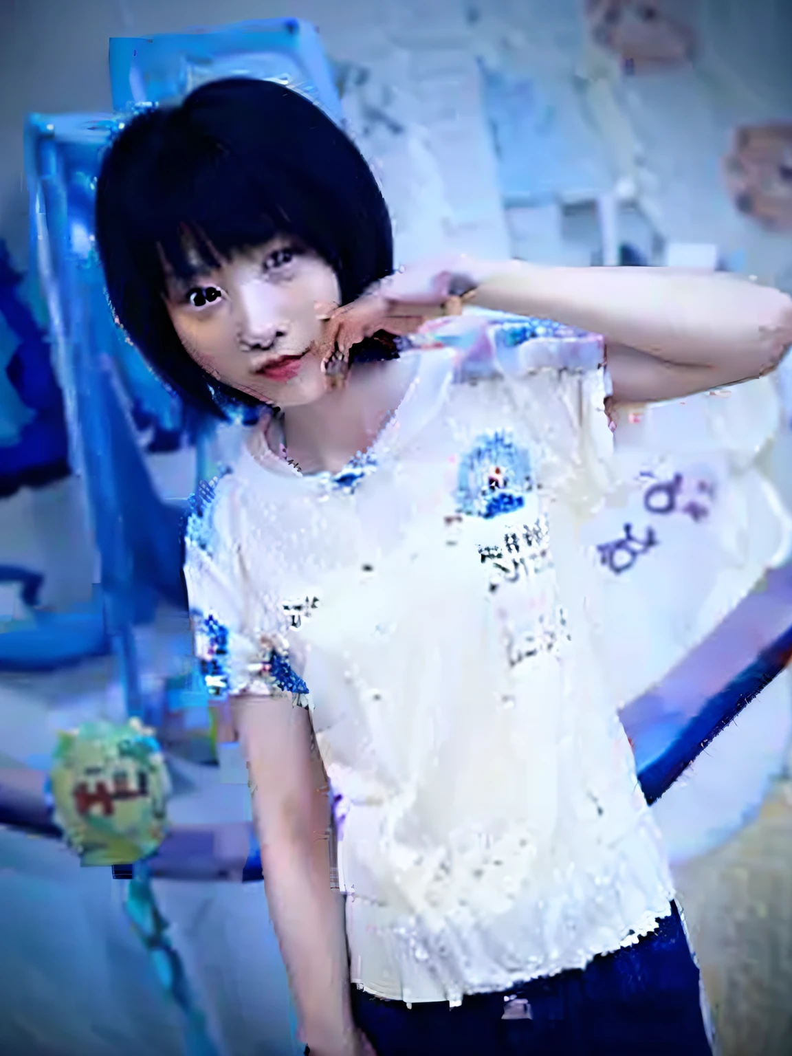 there is a woman that is standing in front of a wall，Holding a sign, fubuki, inspired by Leng Mei, full-body xianxia, chiho, shiori teshirogi, Anime girl in real life, young wan angel, xintong chen, jia, very very low quality picture, mao hamaguchi, hana yata, Lu Ji