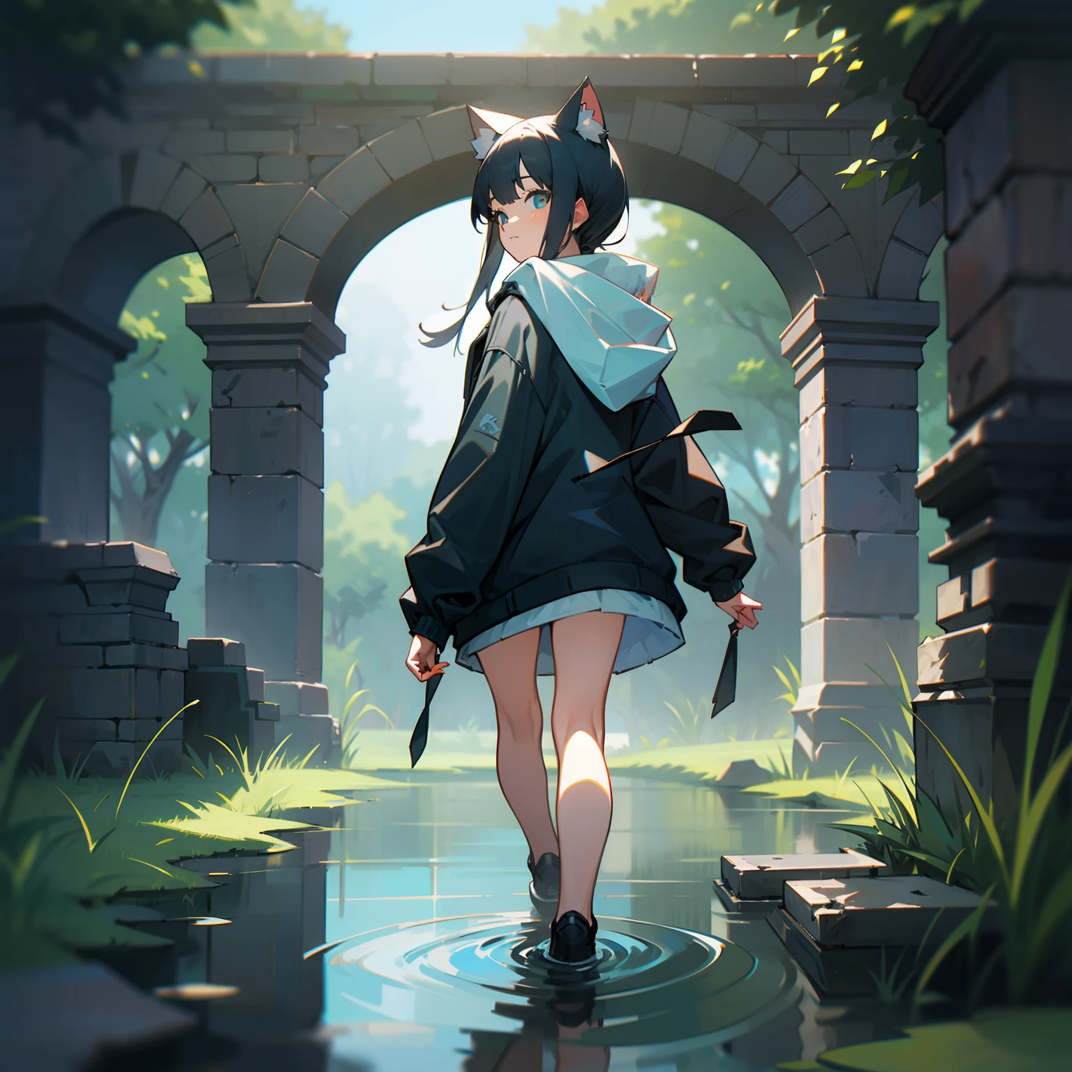 MKSKS style, (Very detailed background:1.0), (highly detailed back ground:1.0), 1girll, full_Body, Looking_at_peeping at the viewer, Hoodie, partly_unzipped, Masterpiece, Best quality, (1girll, Solo, Girl:1.2), Lake, Grass, walking on the water, Jumps, Stone ruins, color difference, Depth of field, Soft lighting，White cat ears，black color hair（long whitr hair），blue color eyes