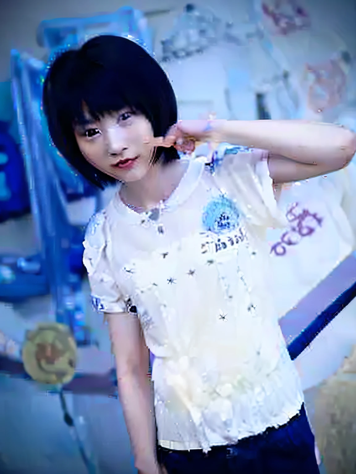 there is a woman that is standing in front of a wall,Holding a sign, fubuki, inspired by Leng Mei, full-body xianxia, chiho, shiori teshirogi, Anime girl in real life, young wan angel, xintong chen, jia, very very low quality picture, mao hamaguchi, hana yata, Lu Ji