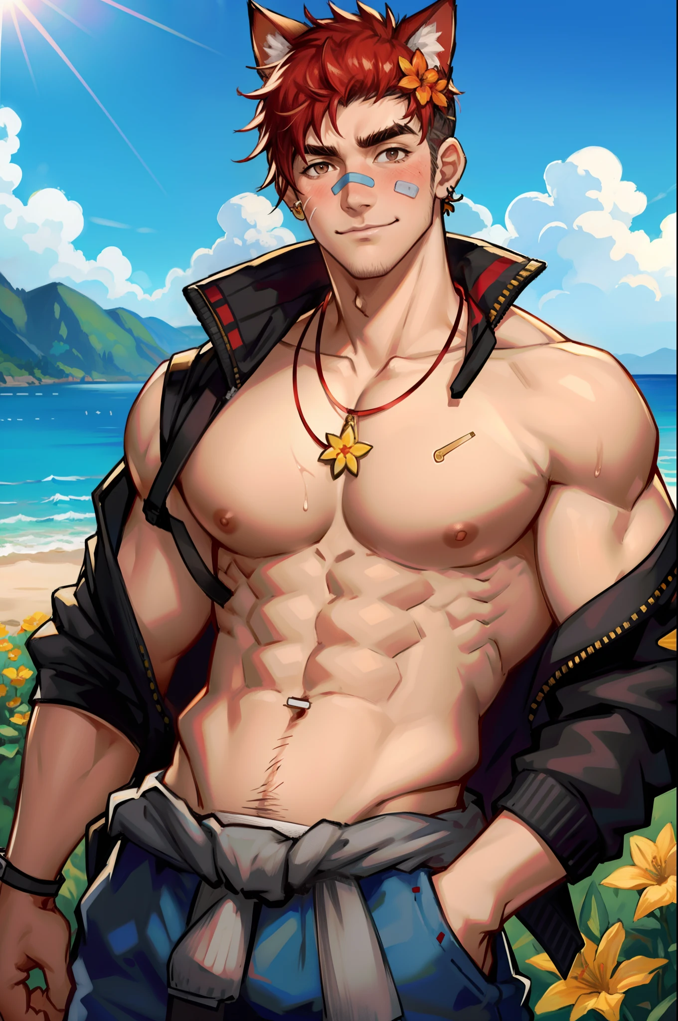 whistle, muscular, whistle around neck, 1boy, muscular male, male focus, flower necklace, solo, bara, abs, bandaid, pectorals, bandaid on nose, flower, navel, bandaid on face, jacket around waist, necklace, clothes around waist, animal ears, looking at viewer, short hair, red hair, multicolored hair, blush, male swimwear, topless male, official alternate costume, large pectorals, smile, Best quality, masterpiece, ultra high res, (photorealistic:1.4), 8k, intricate, elegant, highly detailed, majestic, digital photography,