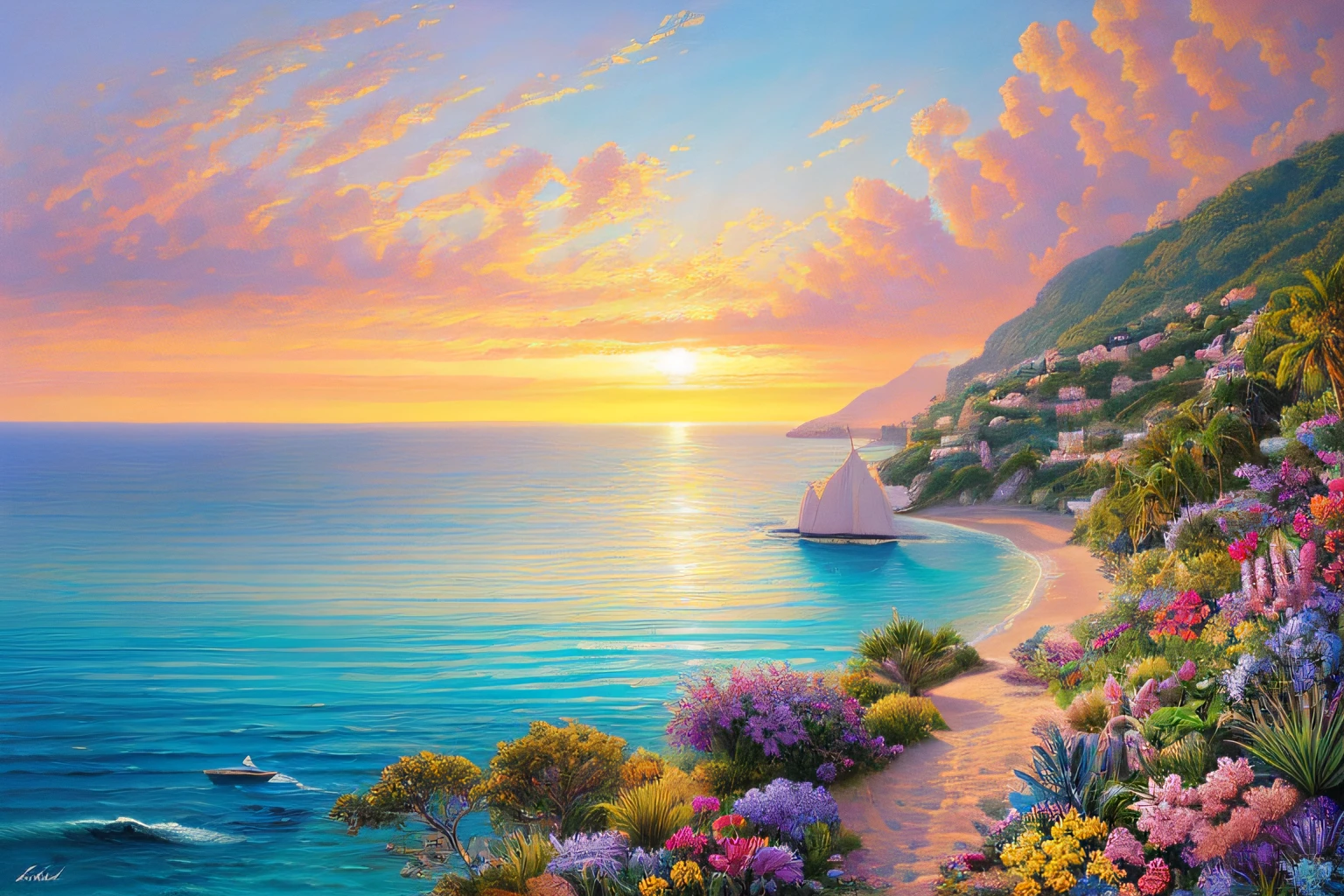 paysage, coucher du soleil, mer azur, cocotiers, fleurs exotiques, paysage lumineux, , des rochers,, soleil couchant, ciel bleu, eau, maisons, (Extremely detailed CG Unit 8k wallpaper), World's most beautiful work of art, Professional majestic oil painting, complexe, High detail, mise au point nette, dramatique, Photorealistic painting art,