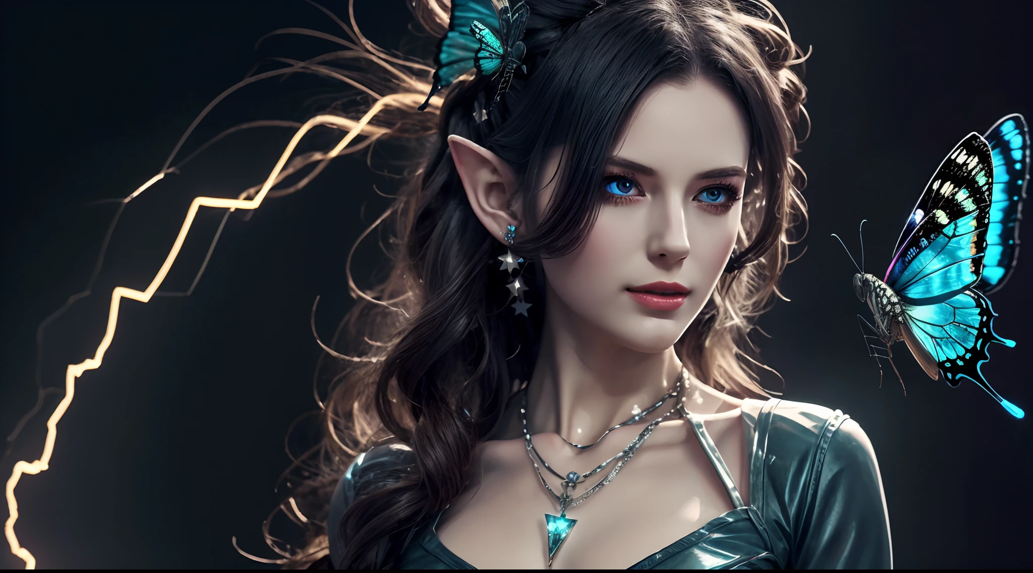 8k high quality wallpaper，Mold: Sense of character, kneeling position，Purple floral long dress，elvish ears，Seductive eyes，Star pupil necklace close-up detail，Long wavy hair，Colorful butterfly wings，Holding a blue glowing crystal ball in his hand，Lightning effects，