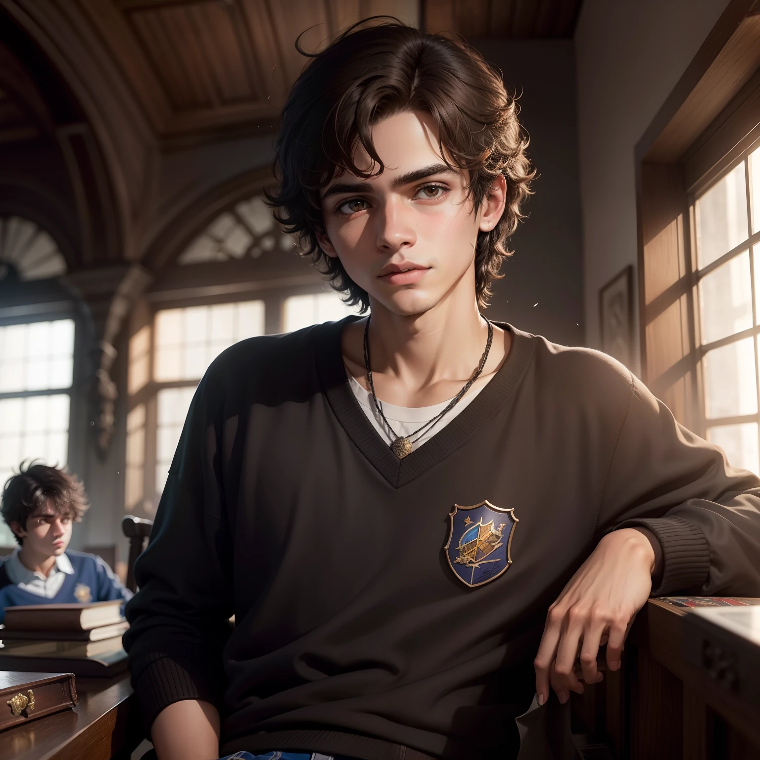 Edmundo Coroado, JOVEM Adolescente , Estudante de Hogwarts, brown hair, messy brown emo hair ,ravenclaw , Legado de Hogwarts, realista,detalhado