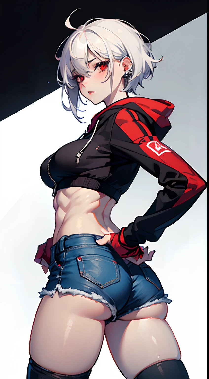 (Masterpiece, best quality), (1 girl), (Pale skin, red eyes, detail eyes, white hair, short hair, big ass, medium breasts, tight abs, blushed), (crop top hoodie, unzipped jeans shorts, tights, no panties, mitts, piercing, tight straps)