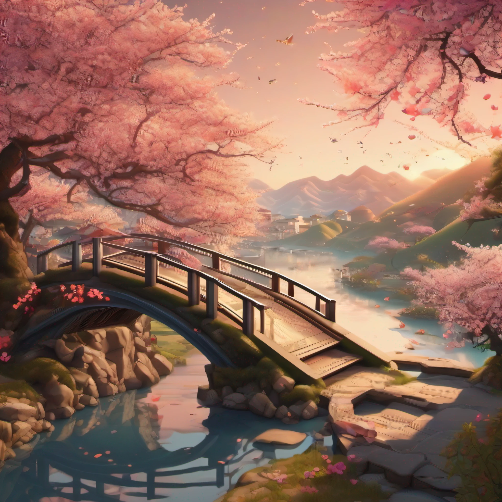 (Master masterpieces，best qualtiy，best detail，HUD，8k：1.5)，（Isometric：1.5），（The art of paper：1.3），1 girl，Oriental elements，（Peach blossom tree：1.2），Small bridge，Stream，inverted image，sun light，（Clear lines：1.2）Cinematic texture，simplebackground