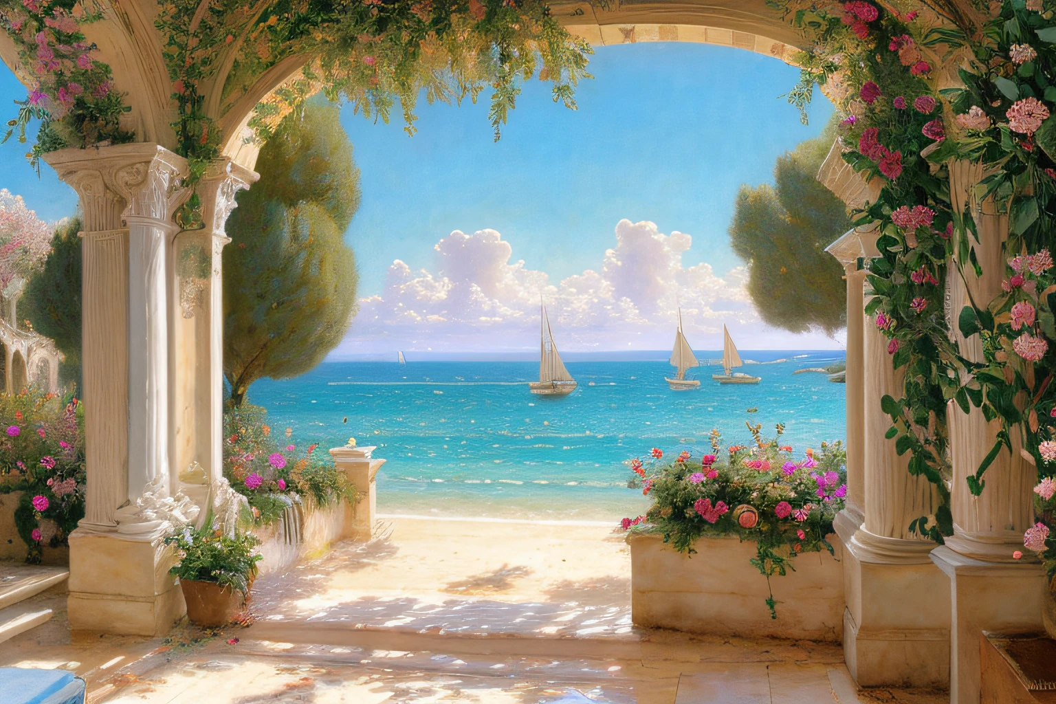 paysage ,mer azur, cocotiers, fleurs exotiques, paysage lumineux, , des rochers,, soleil couchant, ciel bleu, eau, maisons, (Extremely detailed CG Unit 8k wallpaper), World's most beautiful work of art, Professional majestic oil painting, complexe, High detail, mise au point nette, dramatique, Photorealistic painting art,style alma tadema
