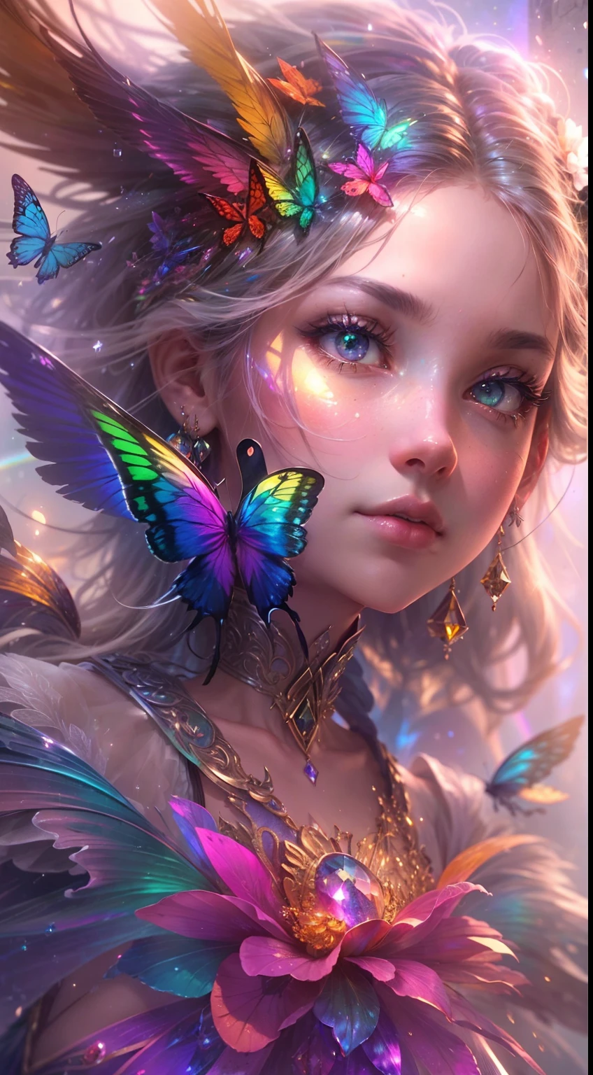 (((masterpiece))), (((best quality))), ((ultra-detailed)),(highly detailed CG illustration), ((an extremely delicate and beautiful)),cinematic light, Create a stunning fantasy artwork that mimics the style of currently trending masters of the genre. The art piece should contain elements of both mythic fantasy and fairytale fantasy with colorful rainbow accents and dark jewel-toned hues. ((Utilize the rainbow as the main color scheme.)) The character in the artwork is a delicate but strong petite figure with an aura of mystery and magic. Pay close attention to intricate facial features, such as mesmerizing eyes with vibrant colors and bold shading. The character's clothing should be designed with gossamer feathers, silk, stunning embroidery, and subtle iridescent details. Incorporate (((translucent iridescent rainbows))), dreamy colors, dynamic lighting, and detailed background elements to create a sense of awe and immersion. ((Include colorful flying magical birds and jewel-toned rainbow butterflies radiating a magical aura.)) Consider the latest trends in fantasy art, such as incorporating unique lighting effects, exploring dynamic and compelling composition techniques, and experimenting with unique color palettes. Take inspiration from the top artists on ArtStation and Midjourney. Camera: Choose an angle that highlights the character's beauty and enhances the magical majesty of the artwork. Lighting: Utilize atmospheric lighting techniques to create depth and mood. Resolution: Aim for a high-resolution artwork to showcase intricate details and clarity. Art Inspirations: Seek inspiration from the trending artists on ArtStation, exploring different styles, genres, and themes.