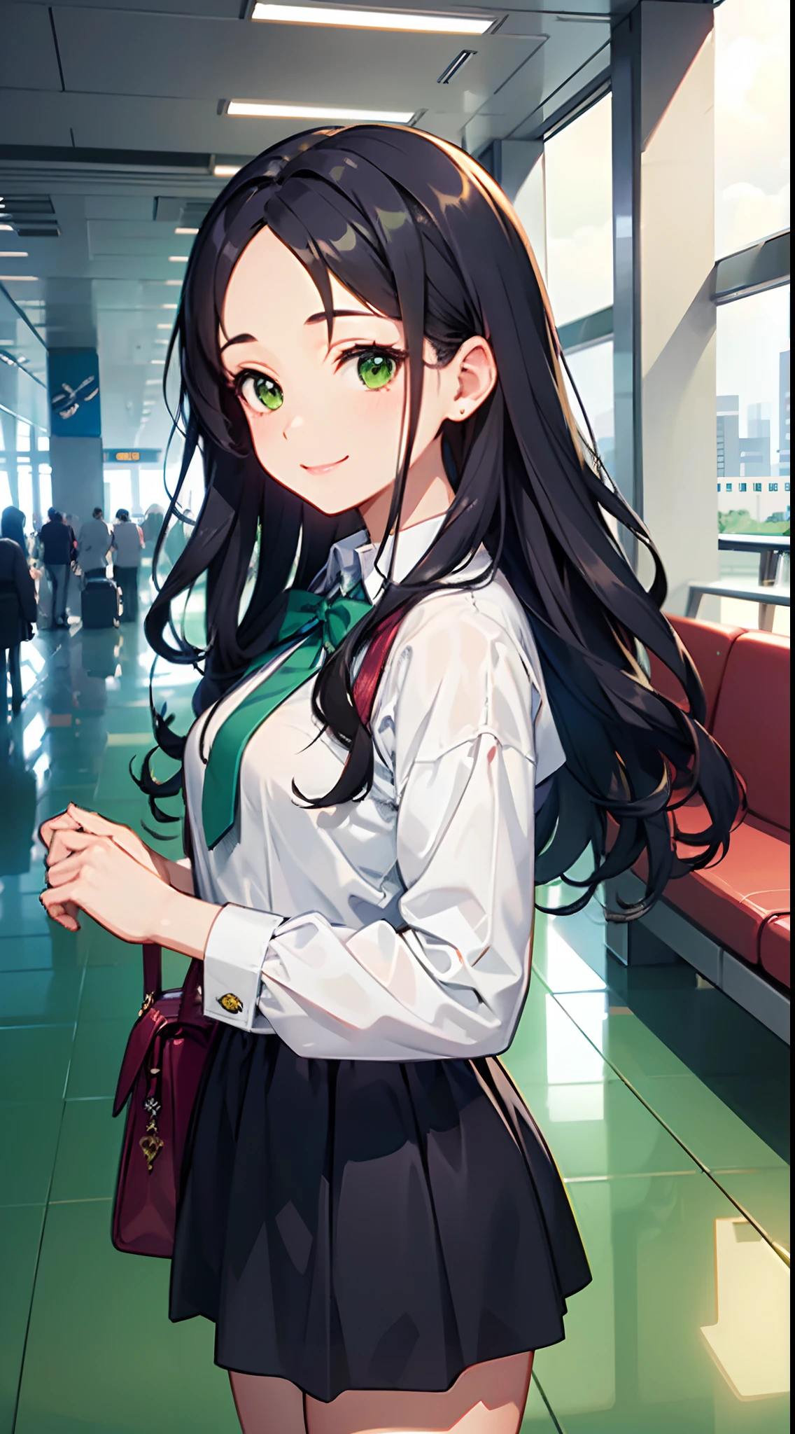 ((Best Quality)), (Ultra-detailed), ((Extremely detailed)), (Beautiful), ((Kawaii Girl)),Medium Hair,Forehead,Dark blue hair,(Wavy Hair),Green eyes,smock blouse,Mini skirt,regular breasts,Smile,Airport lobby,One Woman
