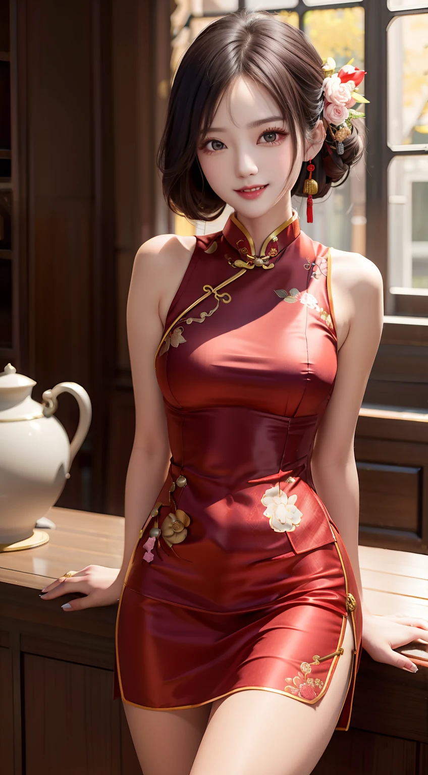 there is a woman in a red dress posing for a picture, Wearing a red cheongsam, Cheongsam, Chinese dress, gorgeous chinese models, with acient chinese clothes, Chinese style, Chinese costume, inspired by Park Hua, Chinese girl, tight attire, wearing atsuko kudo latex outfit, elegant smiling pose, trending on cgstation，Beautiful face，big breasts beautiful