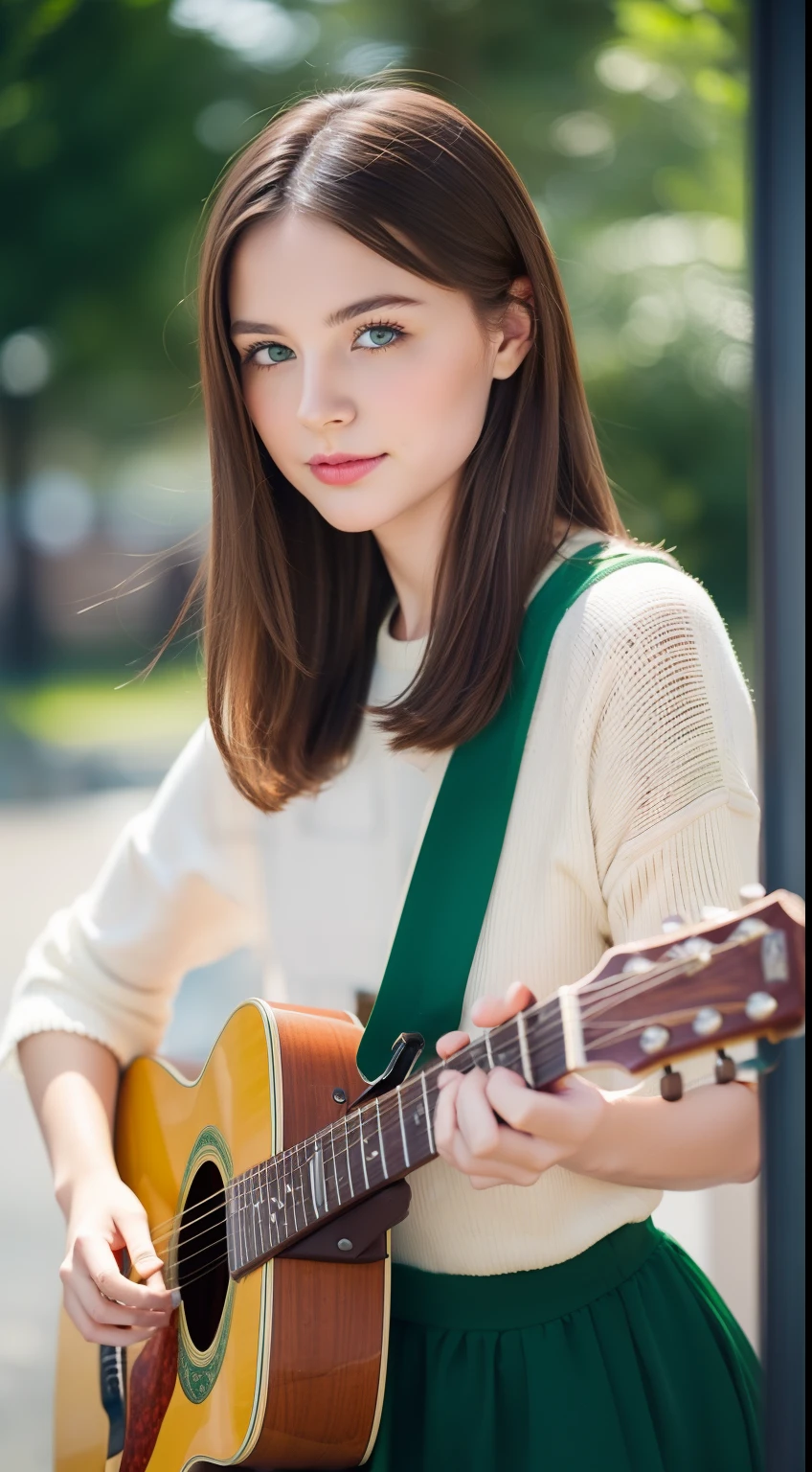 ((brown haired:1.2),(Green eyes:1.1),(Early 20s),(Artist temperament),(Good at photography and guitar))