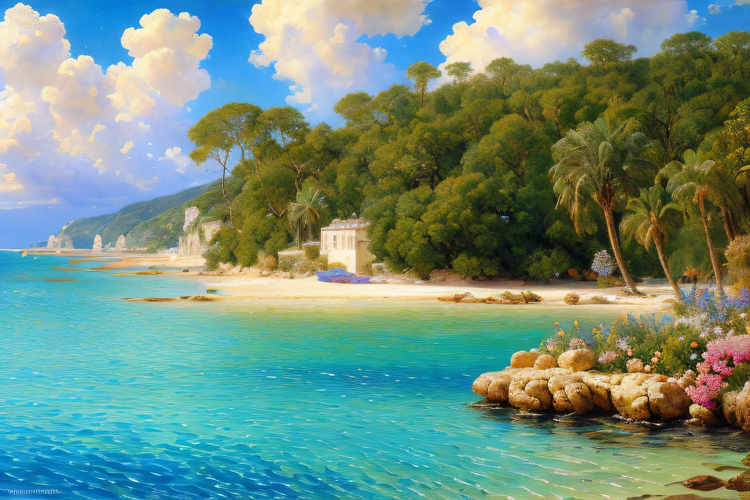 paysage ,mer azur, cocotiers, fleurs exotiques, paysage lumineux, , des rochers,, soleil couchant, ciel bleu, eau, maisons, (Extremely detailed CG Unit 8k wallpaper), World's most beautiful work of art, Professional majestic oil painting, complexe, High detail, mise au point nette, dramatique, Photorealistic painting art,style alma tadema