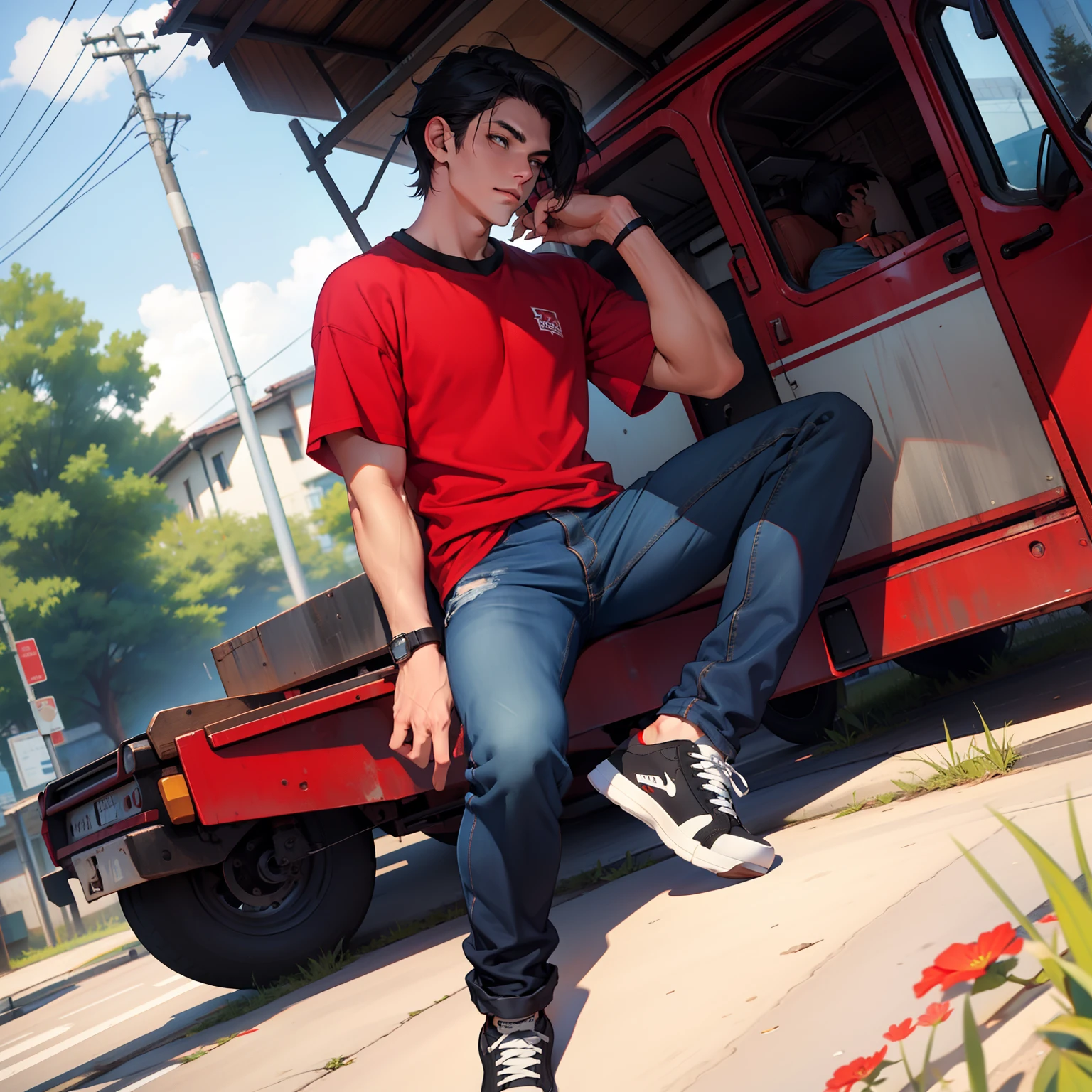A boy in a red shirt with black hair with jeans is blue shoe