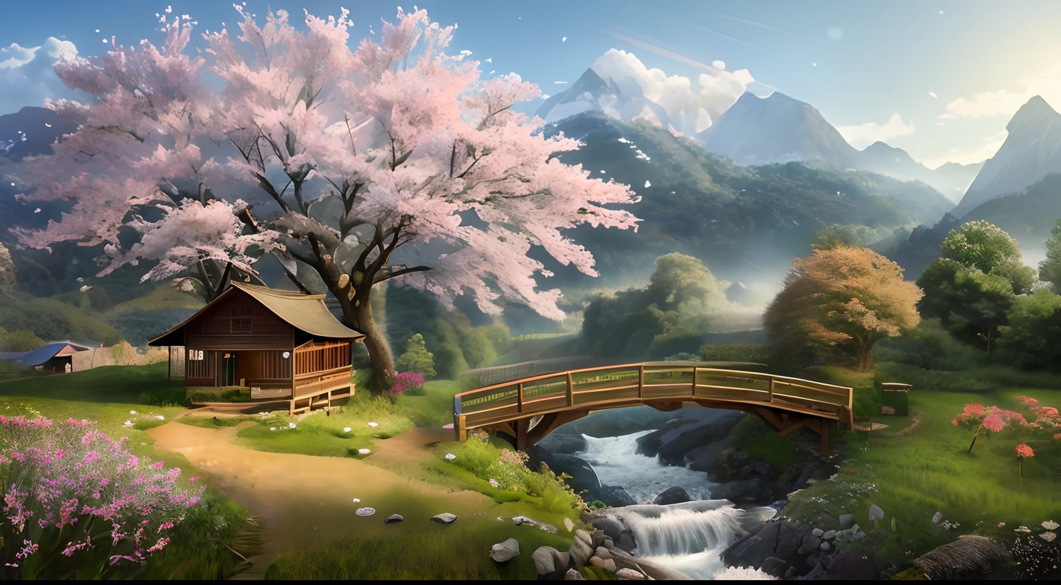 awardwinning, concept-art, fine art, epic fantasy digital art, bird's eyes view,Cinematic lighting,Downward view,super wide shot,Viewing angle from afar,depth of fields,The beauty of an idyllic country fairy tale,((waterfallr)),Quaint, Picturesque, Rustic, ((ricefield;1.7)), ((Peach blossom tree)), ((Small rivers:1.4)), ((The tree house is connected to the tree house by a wooden bridge)), Epic, ((Cinematic lighting)), High quality, High contrast, Realistic lighting,4K textures, photolab, hdr, ((iintricate)), elegant, Highly detailed, Sharp focus, insanely details, Intricate details, ultra - detailed, Harsh movie light, Outdoor atmosphere,tmasterpiece,best qualtiy,(Very detailed CG unity 8K wallpaper),(best qualtiy),(Most Best Illustration),(Best shadow),Natural elements in idyllic rural theme。Mysterious idyllic countryside,Beautiful idyllic countryside,naturey,surrounded by flower,nature elements),(Idyllic country theme),,3D, Ray traching,A secluded utopia。A clear stream winds through a valley of blooming peachtrees。Tree house in the woods,Villagers wear traditional clothing,Live a peaceful life。in the background,The misty mountains are a barrier to the outside world。The sunrise depicts the serene scene in gold and pink tones。This scene exudes an air of tranquility,Depicting the harmony between man and nature。