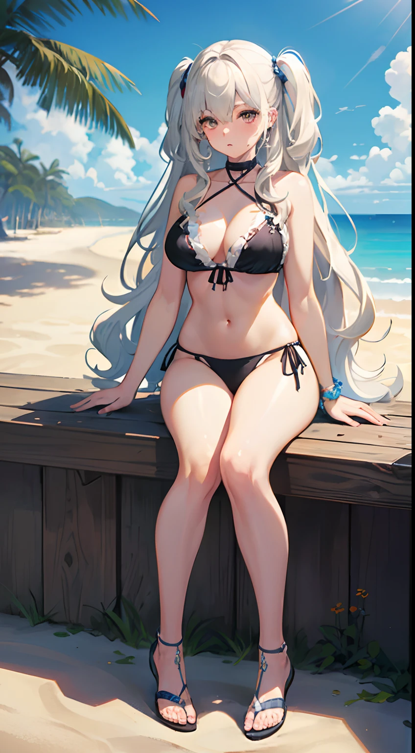 ((Best Quality)), (Ultra-detailed), ((Extremely detailed)), (Beautiful), ((Kawaii Girl)),(two side up hair).,Platinum Blonde Hair,Long hair, hair between eye, Wavy Hair, Long sideburns,Jade-colored eyes, White skin,Normal Chest,Slender body,Cross Halter Bikini,Sandals,Sitting,in beach,Look Camera