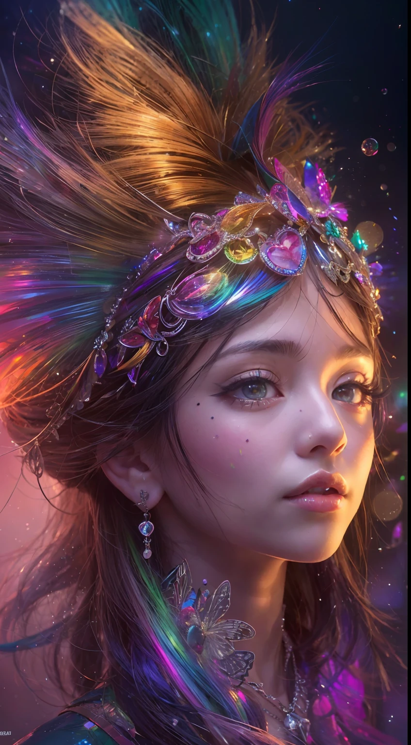 (((masterpiece))), (((best quality))), ((ultra-detailed)),(highly detailed CG illustration), ((an extremely delicate and beautiful)),cinematic light, Create a stunning fantasy artwork that mimics the style of currently trending masters of the genre. The art piece should contain elements of both mythic fantasy and fairytale fantasy with colorful rainbow accents and dark jewel-toned hues. ((Utilize the rainbow as the main color scheme.)) The character in the artwork is a delicate but strong petite figure with an aura of mystery and magic. Pay close attention to intricate facial features, such as mesmerizing eyes with vibrant colors and bold shading. The character's clothing should be designed with gossamer feathers, silk, stunning embroidery, and subtle iridescent details. Incorporate (((translucent iridescent rainbows))), dreamy colors, dynamic lighting, and detailed background elements to create a sense of awe and immersion. ((Include colorful flying magical birds and jewel-toned rainbow butterflies radiating a magical aura.)) Consider the latest trends in fantasy art, such as incorporating unique lighting effects, exploring dynamic and compelling composition techniques, and experimenting with unique color palettes. Take inspiration from the top artists on ArtStation and Midjourney. Camera: Choose an angle that highlights the character's beauty and enhances the magical majesty of the artwork. Lighting: Utilize atmospheric lighting techniques to create depth and mood. Resolution: Aim for a high-resolution artwork to showcase intricate details and clarity. Art Inspirations: Seek inspiration from the trending artists on ArtStation, exploring different styles, genres, and themes.