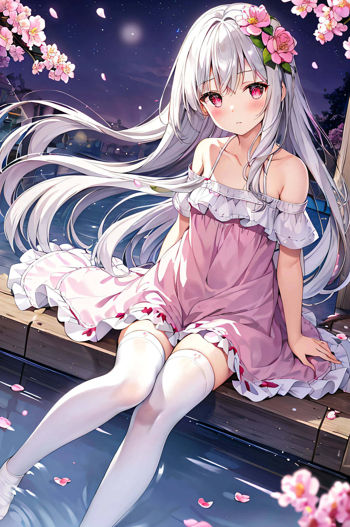 (sitting),(bow),(silver hair),(long hair),(light red eyes),hreat in the eyes,(white fourpetal flower hair ornament:1.1),(blush),bangs,(a girl in[(nightdress):(((no socks))):0.4]:1.2),(bare shoulder),collarbone,(white thighhighs:1.2),frilled sleeves,looking at viewer,[(night:1.2),peaceful,sky,((full moon)),stars,house,town,(in a courtyard),water drop,pond,(near by the pond),tree,flower request,wind::0.6],(lridescent light refraction),(floating pink petals:1.2),dreamy