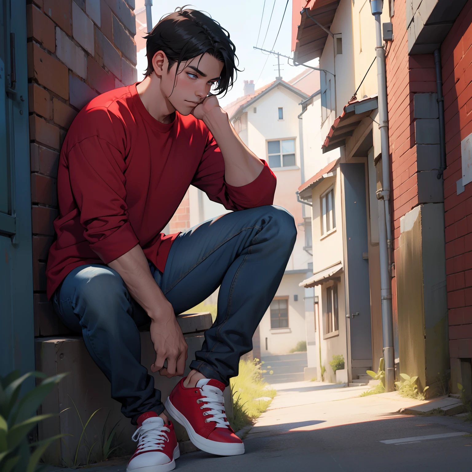A boy in a red shirt with black hair with jeans is blue shoe