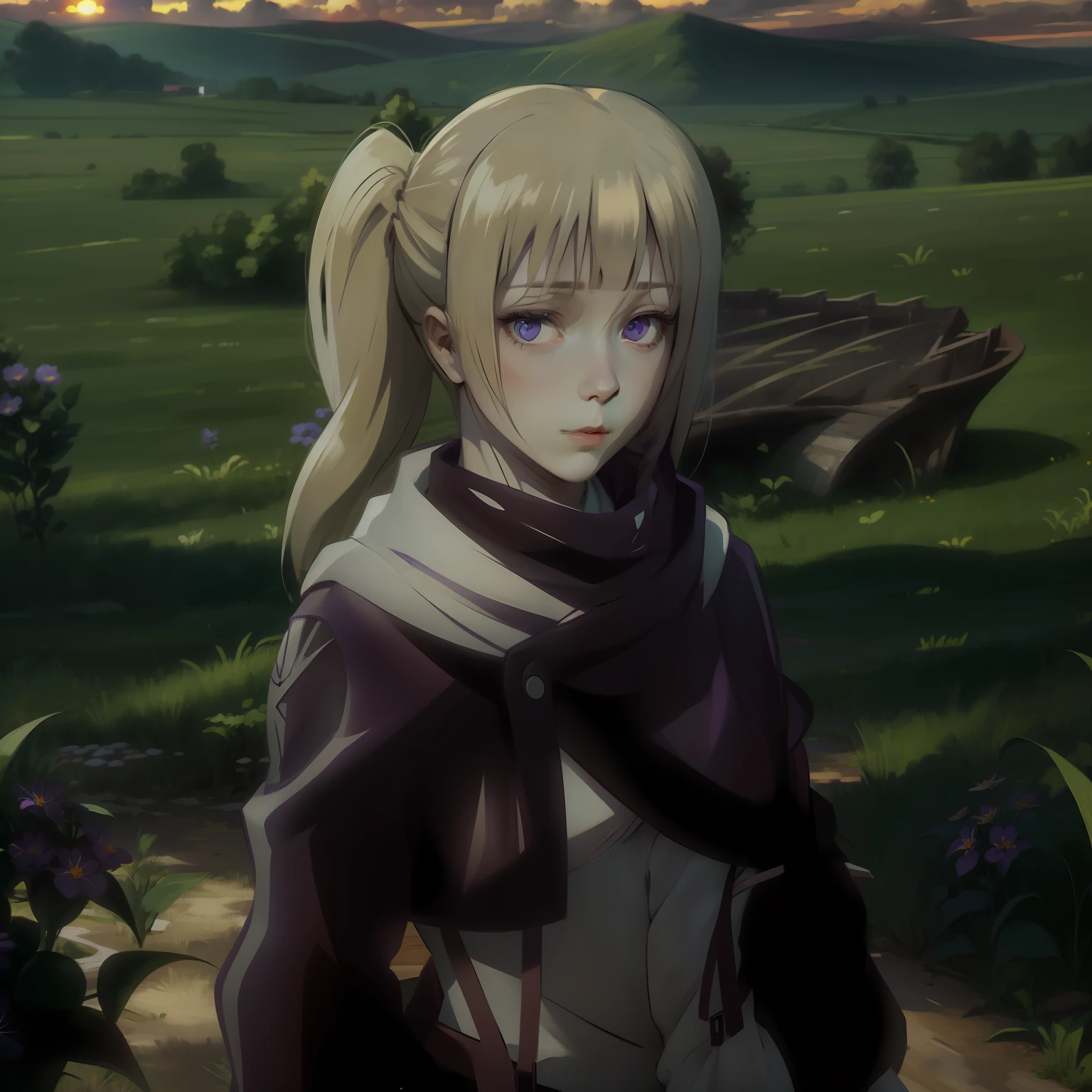 albino woman, long curly hair, violet eyes, a field with flowers, sunset