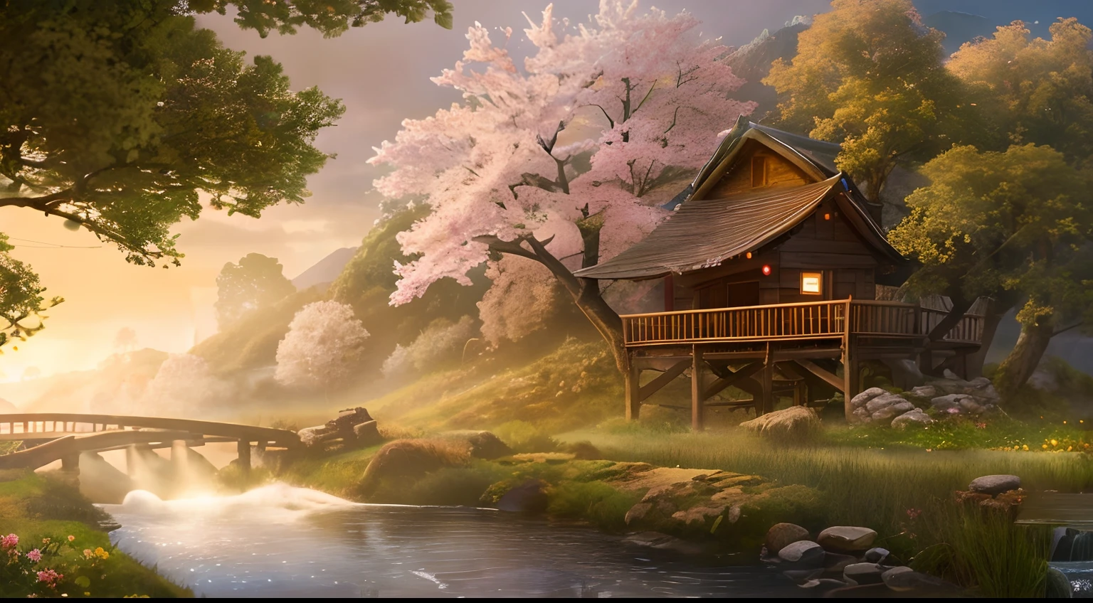 A close up of a house near a river with a bridge - SeaArt AI
