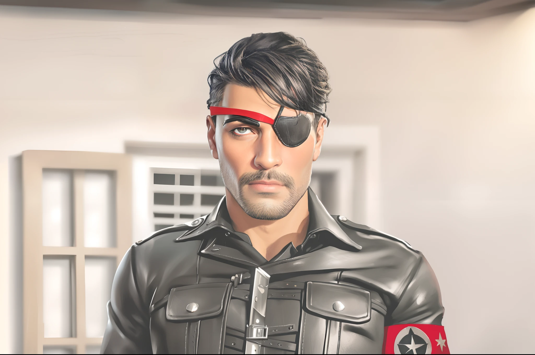 there is a man with a pirate eye patch on his face, stocky musculine style, wearing shiny lustrous leather uniform, symbol batch around his left arm, there is a cigerette snapping by his lips, jail window and dungeon background, he wears an eyepatch, communist draven, wearing an eyepatch,,fascist, Tom of Finland style, depth of field, sharpness, shadow, illustraiton art, hot look, dominant looking, fined, detailed, high quality illustration art, realistic