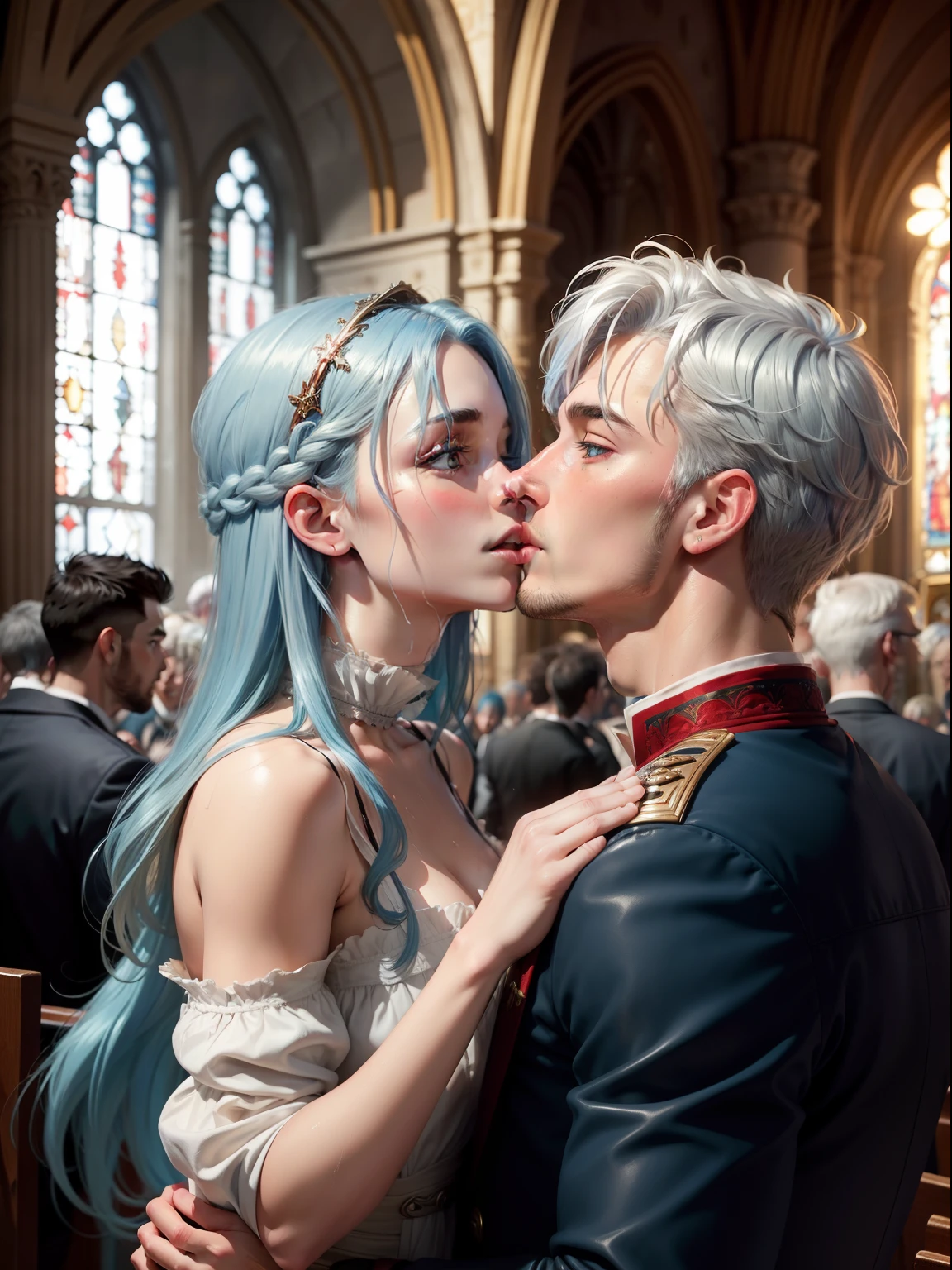 Blue-haired, Red-eyed maidens and silver-haired golden-eyed young handsome men embracing French wet kisses in church