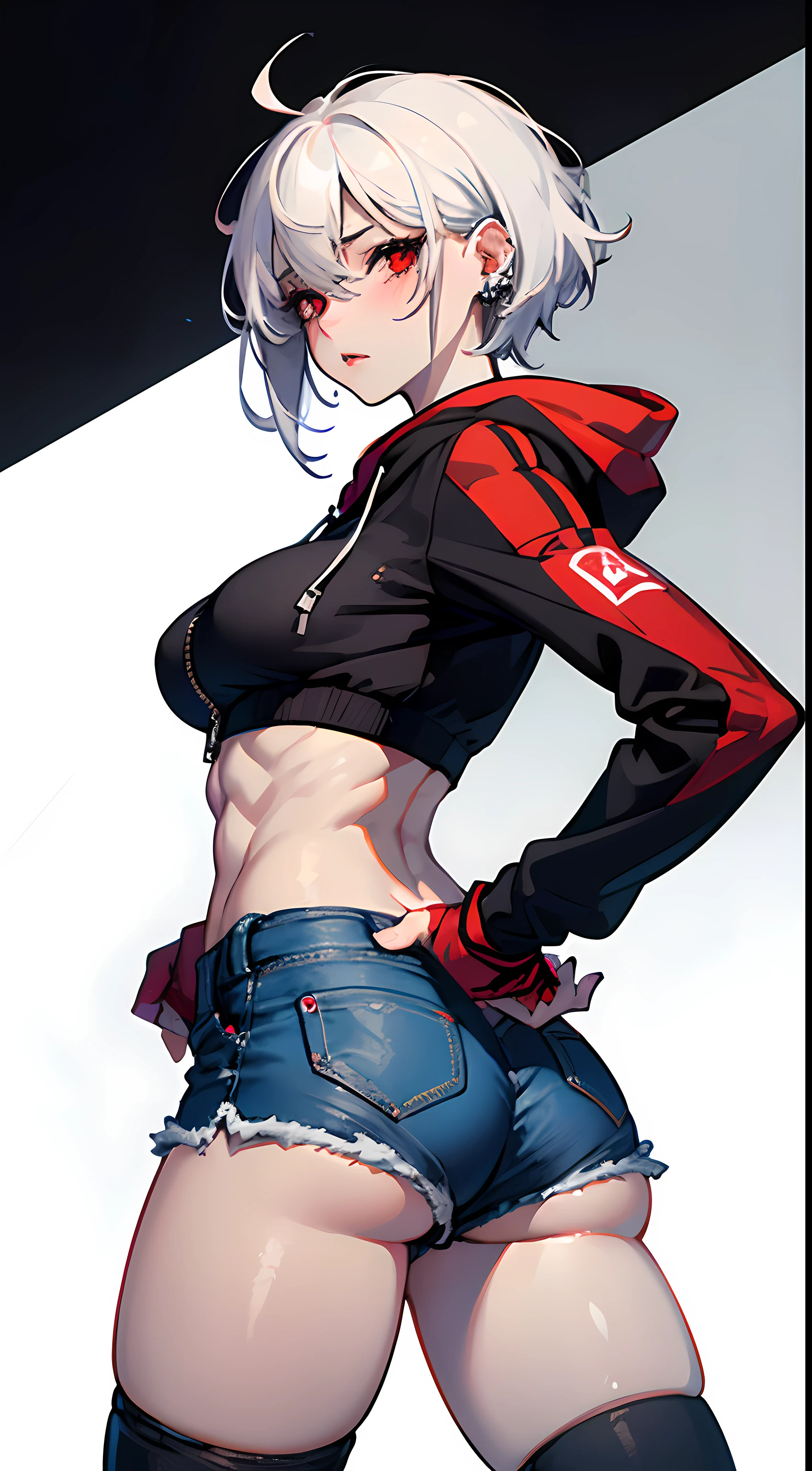 (Masterpiece, best quality), (1 girl), (Pale skin, red eyes, detail eyes, white hair, short hair, big ass, medium breasts, tight abs, blushed), (crop top hoodie, unzipped jeans shorts, tights, no panties, mitts, piercing, tight straps)